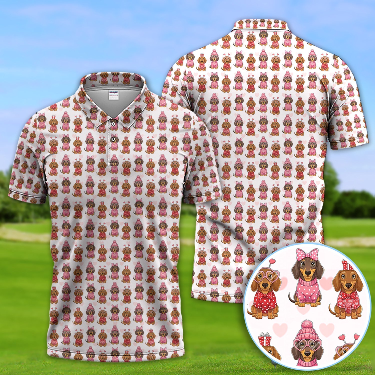Valentine Dachshund Pattern Golf Polos, Wiener Dog Golf Shirt For Men, Crazy Golf Gift For Golfer