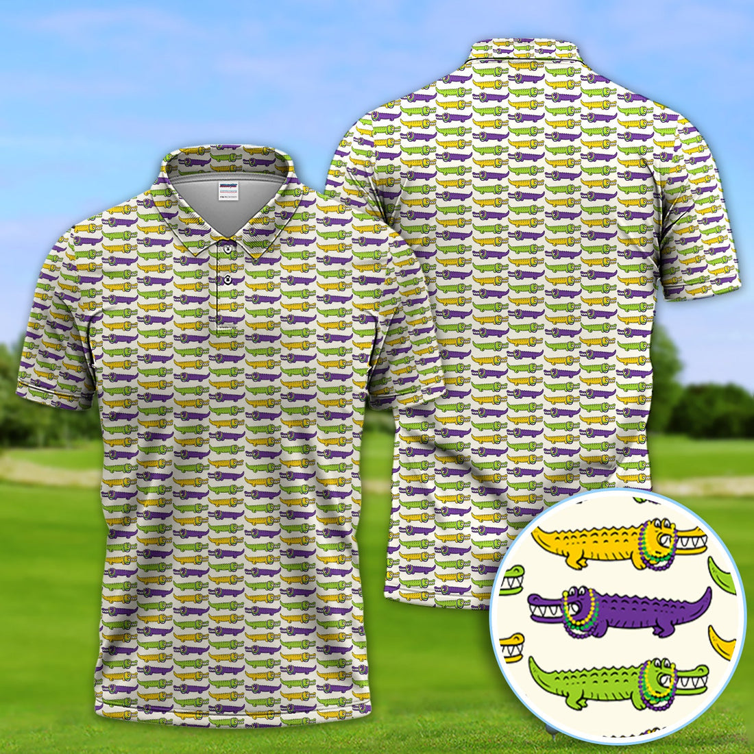 Mardi Gras Alligator Pattern Golf Shirt, Carnival Golf Shirt For Men, Golf Gift For Golfer