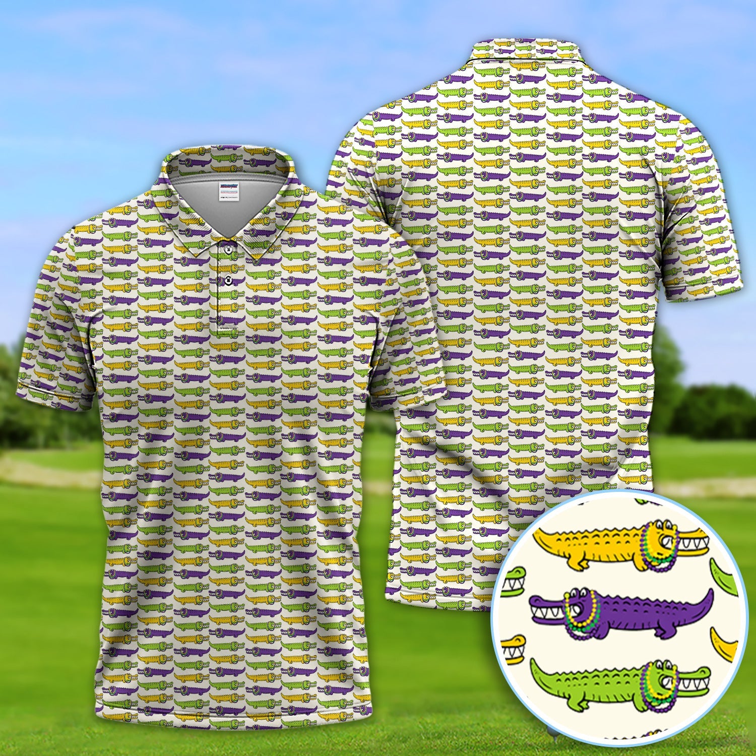 Mardi Gras Alligator Pattern Golf Shirt, Carnival Golf Shirt For Men, Golf Gift For Golfer