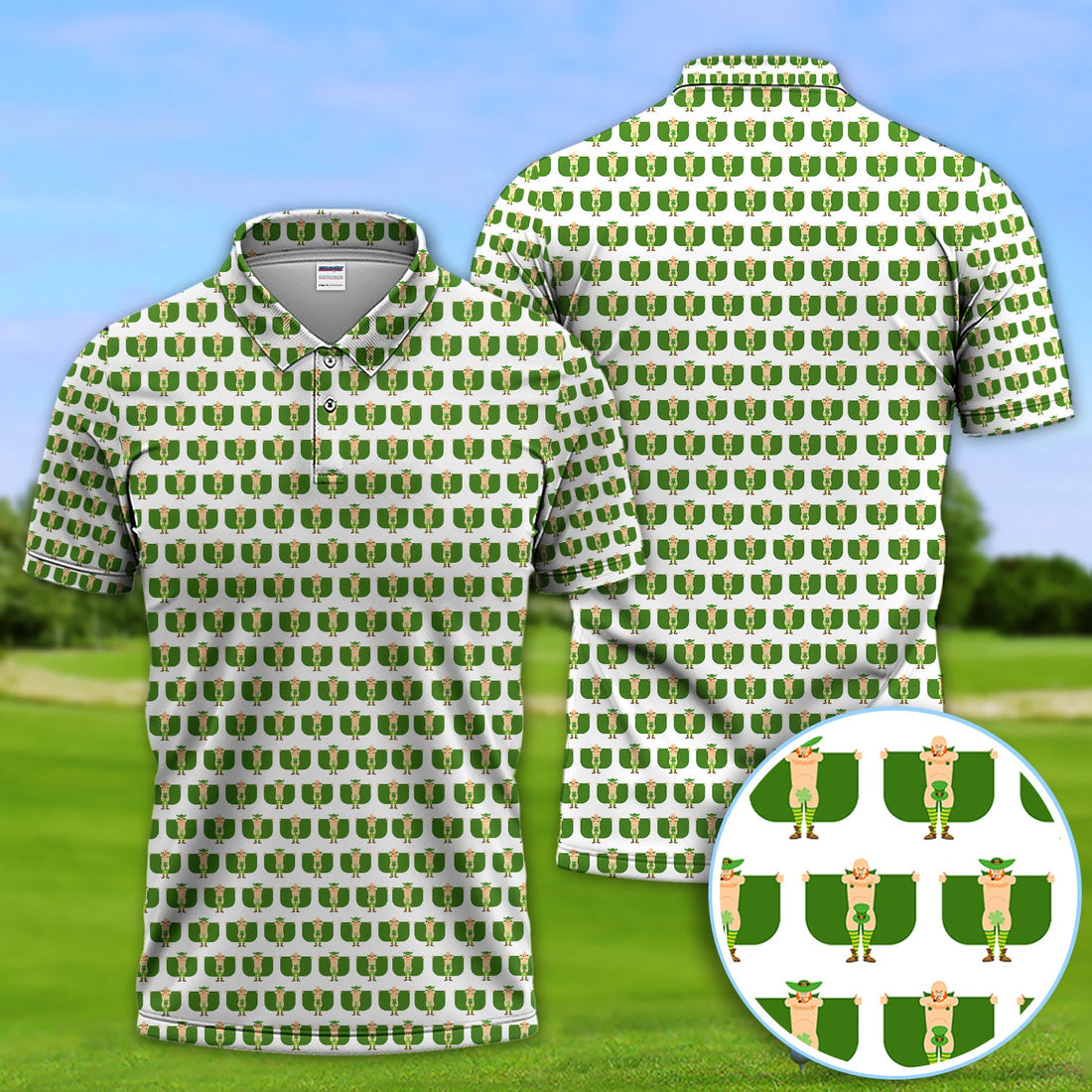 St. Patrick’s Day Leprechaun Pattern Golf Polos, Irish Golf Shirt For Men, Crazy Golf Gift For Golfer