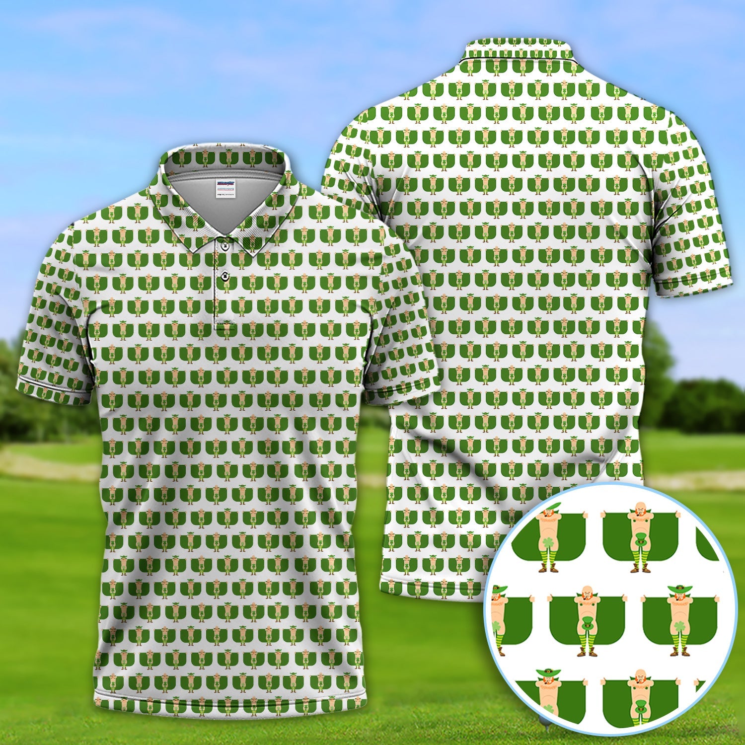 St. Patrick’s Day Leprechaun Pattern Golf Polos, Irish Golf Shirt For Men, Crazy Golf Gift For Golfer