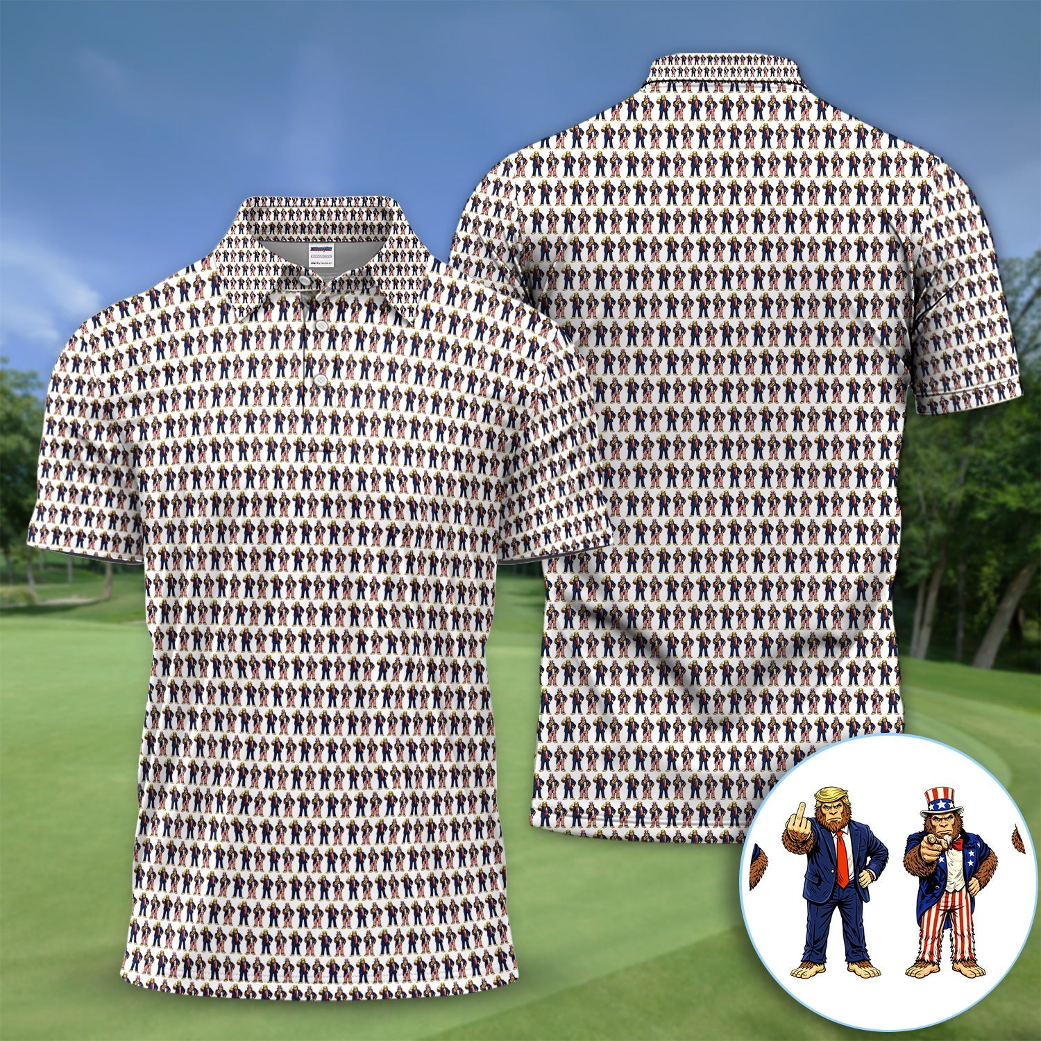 Funny Patriotic Bigfoot Polo Shirt, Trump & Uncle Sam Sasquatch Pattern Shirt, 4th of July Golf Gift For Men