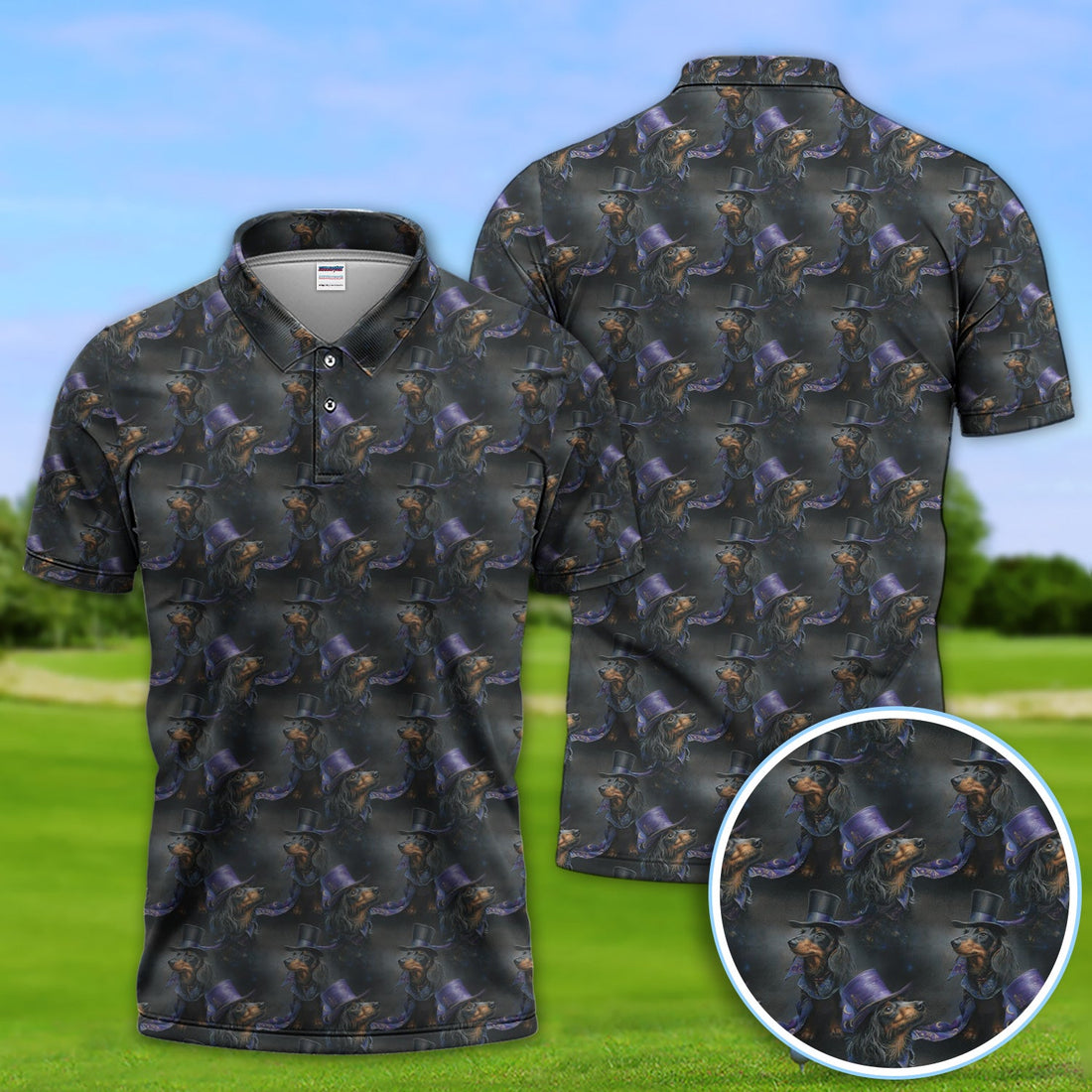Elegant Dachshund Pattern Golf Shirt, Crazy Wiener Dog Golf Shirt For Golfer, Golf Gift For Men