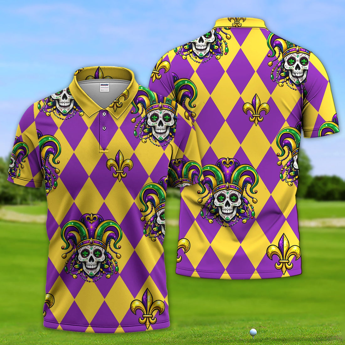Mardi Gras Carnival Mask Skull Pattern Golf Shirt, Holiday Golf Polos For Men, Golf Gift For Golfer
