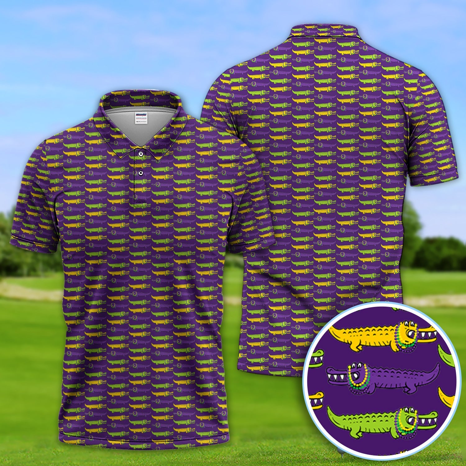 Mardi Gras Alligator Pattern Golf Shirt, Carnival Golf Shirt For Men, Golf Gift For Golfer