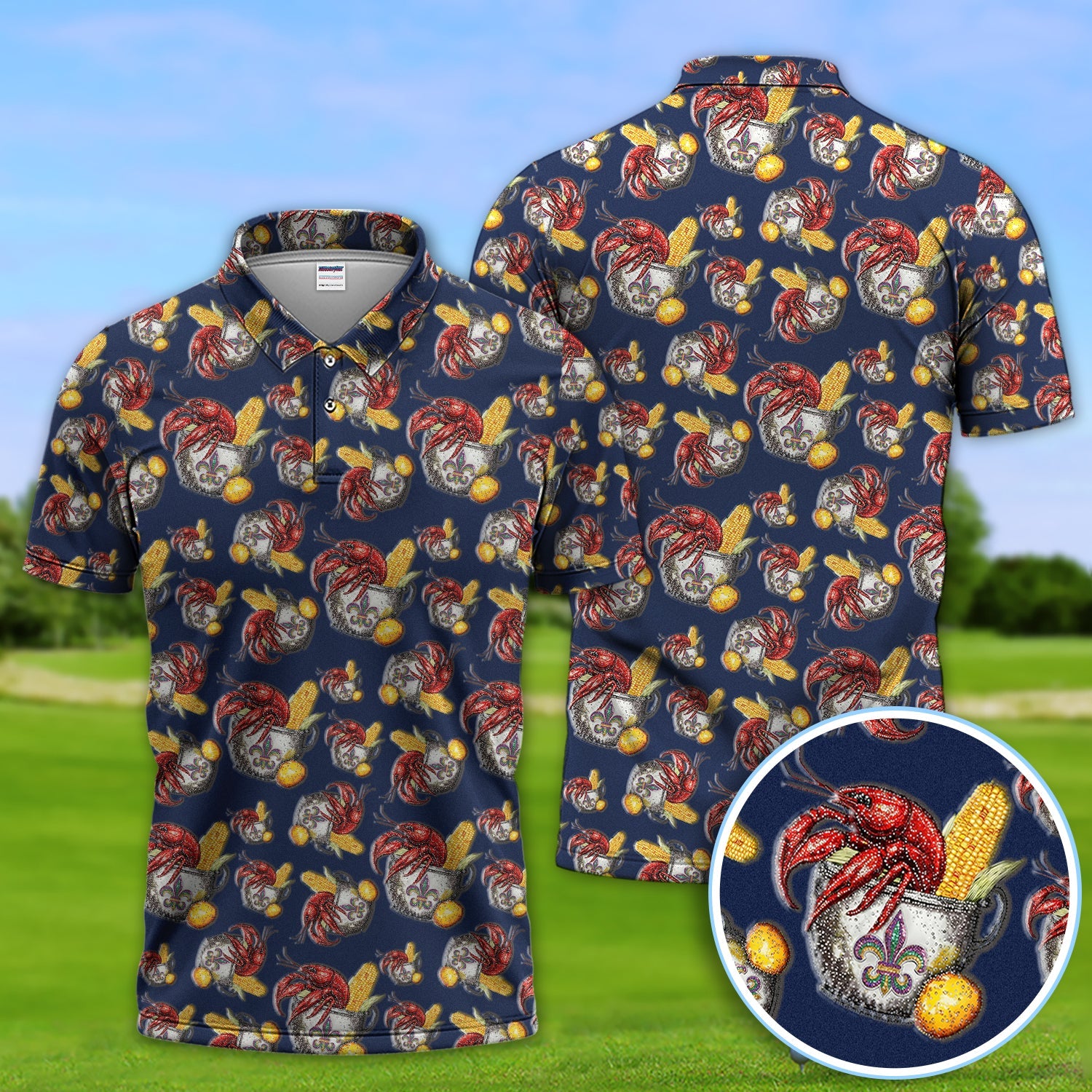 Mardi Gras Crawfish Pattern Golf Shirt, Funny Louisiana Crawfish Golf Polos For Men, Golf Gift For Golfer