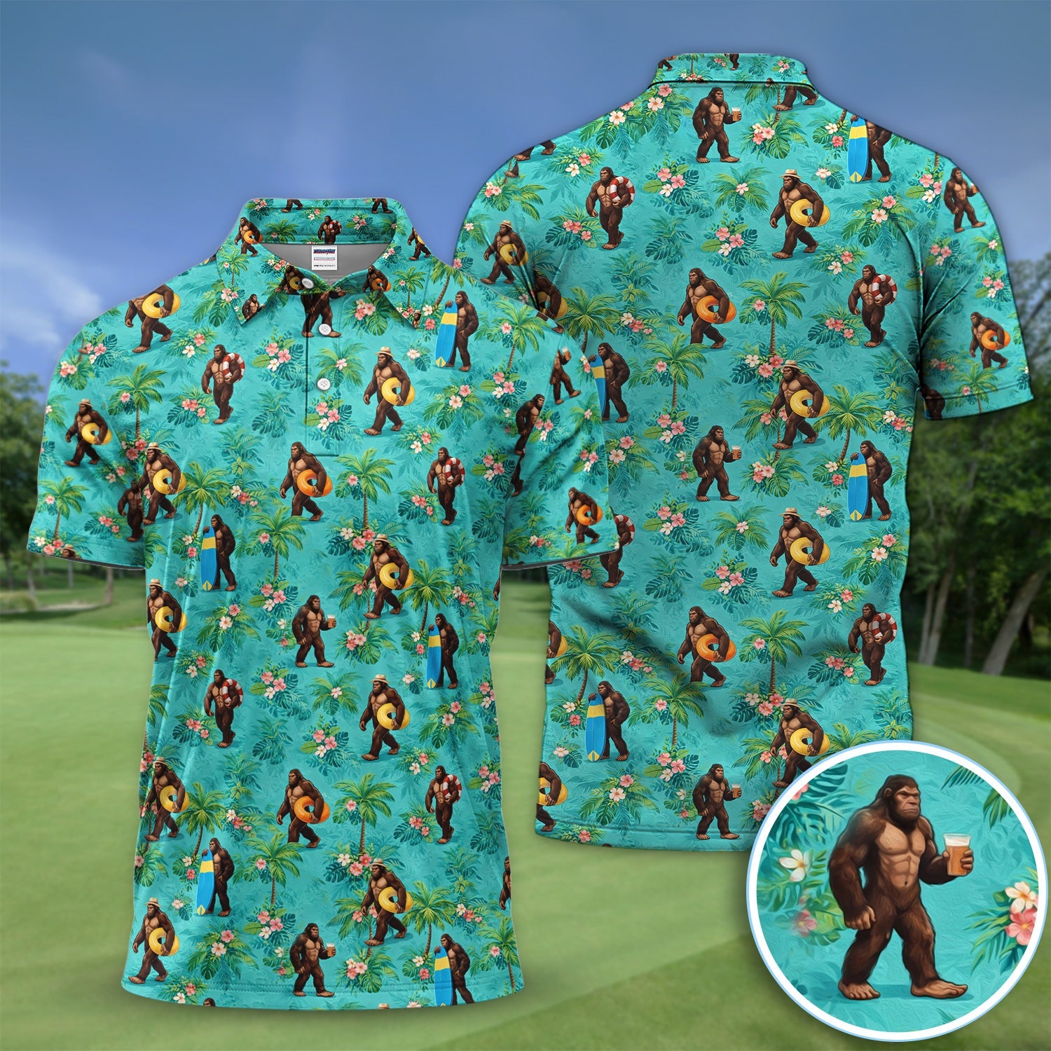 Funny Tropical Bigfoot Golf Pattern Shirt, Hawaiian Sasquatch Golf Shirt For Men, Beach Lover Gift