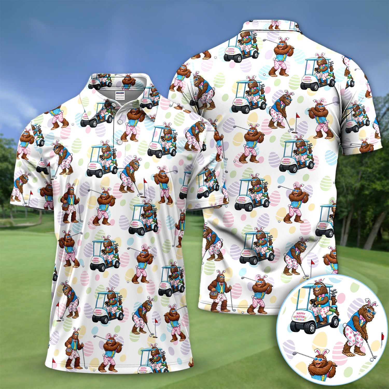 Funny Easter Bigfoot Golf Polo Shirt, Bunny Sasquatch Golfer Shirt, Unique Golf Gift for Men