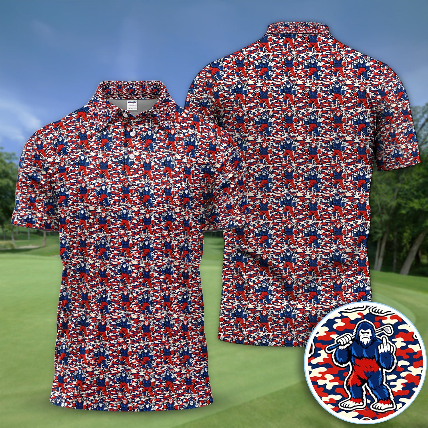 Patriotic Bigfoot Golf Polo Shirt, Red White Blue Camo Sasquatch Pattern Shirt, Funny Golfer Gift For Men