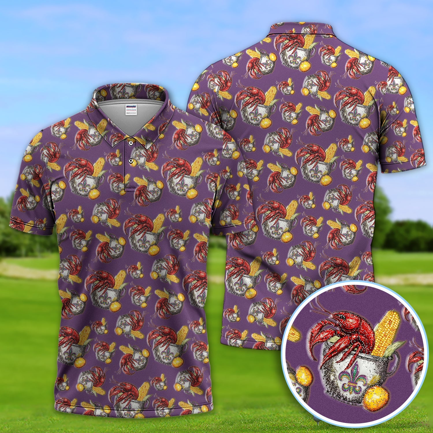 Mardi Gras Crawfish Pattern Golf Shirt, Funny Louisiana Crawfish Golf Polos For Men, Golf Gift For Golfer