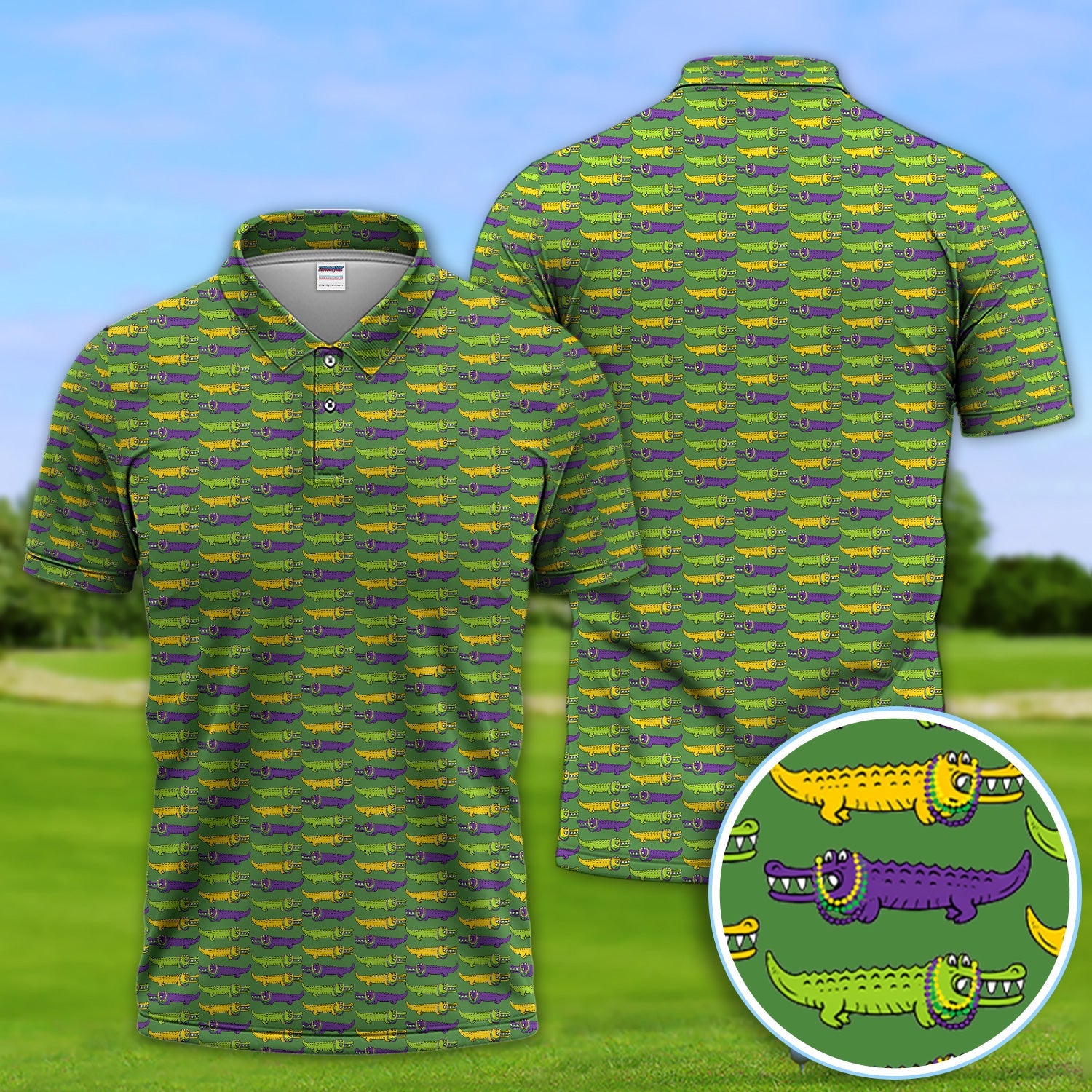 Mardi Gras Alligator Pattern Golf Shirt, Carnival Golf Shirt For Men, Golf Gift For Golfer