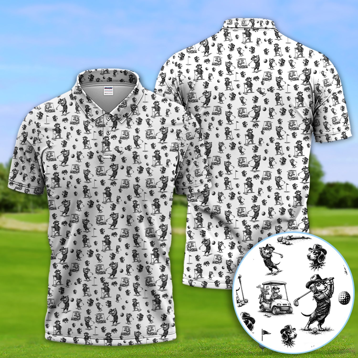 Funny Dachshund Pattern Golf Shirt, Crazy Wiener Dog Golf Polos For Men, Golf Gift For Golfer