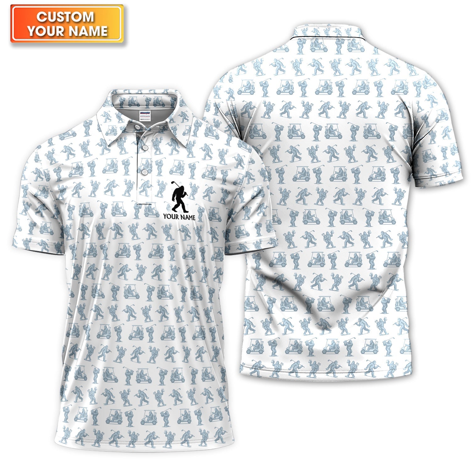 Personalized Bigfoot Golf Cart Pattern Polo Shirt, Funny Golf Shirt For Men, Golf Gift For Golfer
