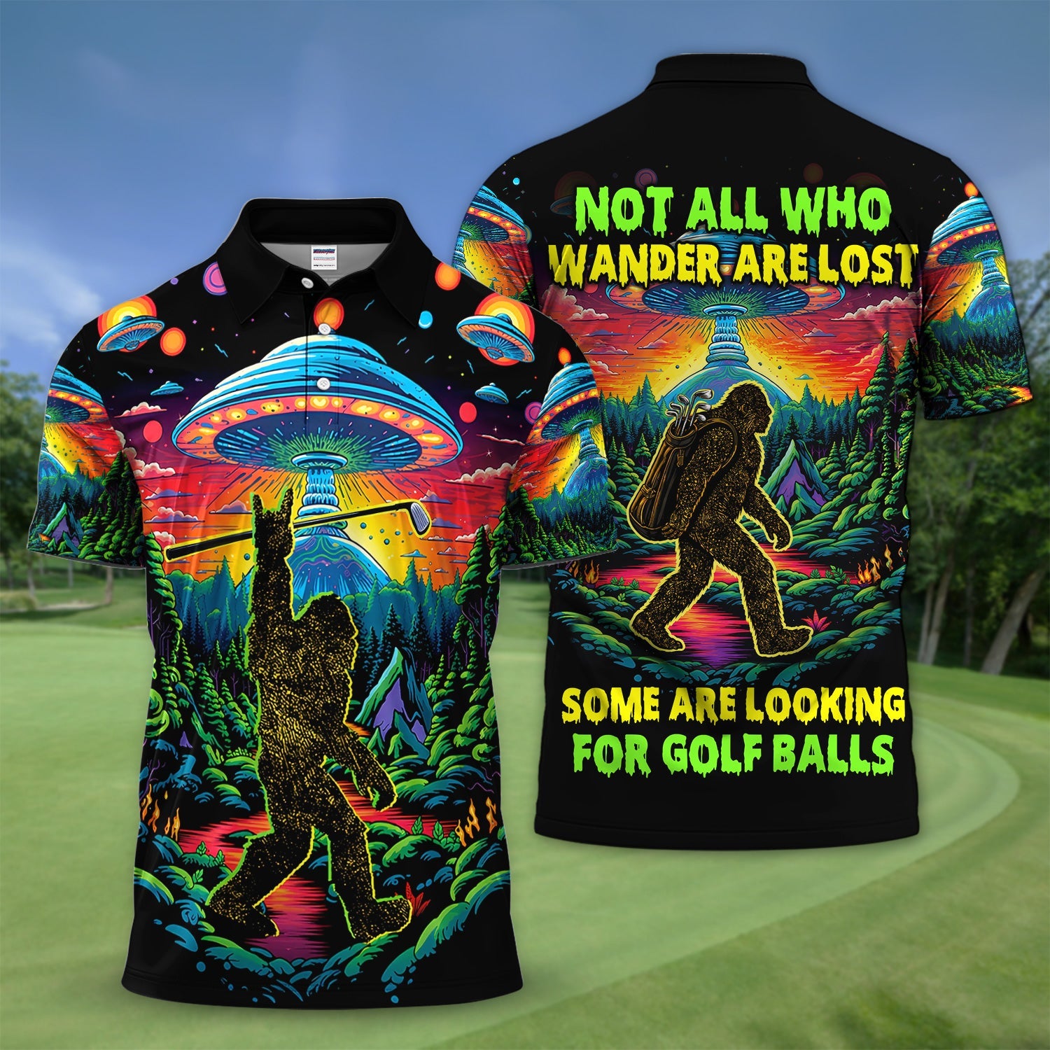Psychedelic Bigfoot UFO Golf Pattern Shirt, Alien Bigfoot Golf Shirt For Men, Funny Golfer Gift