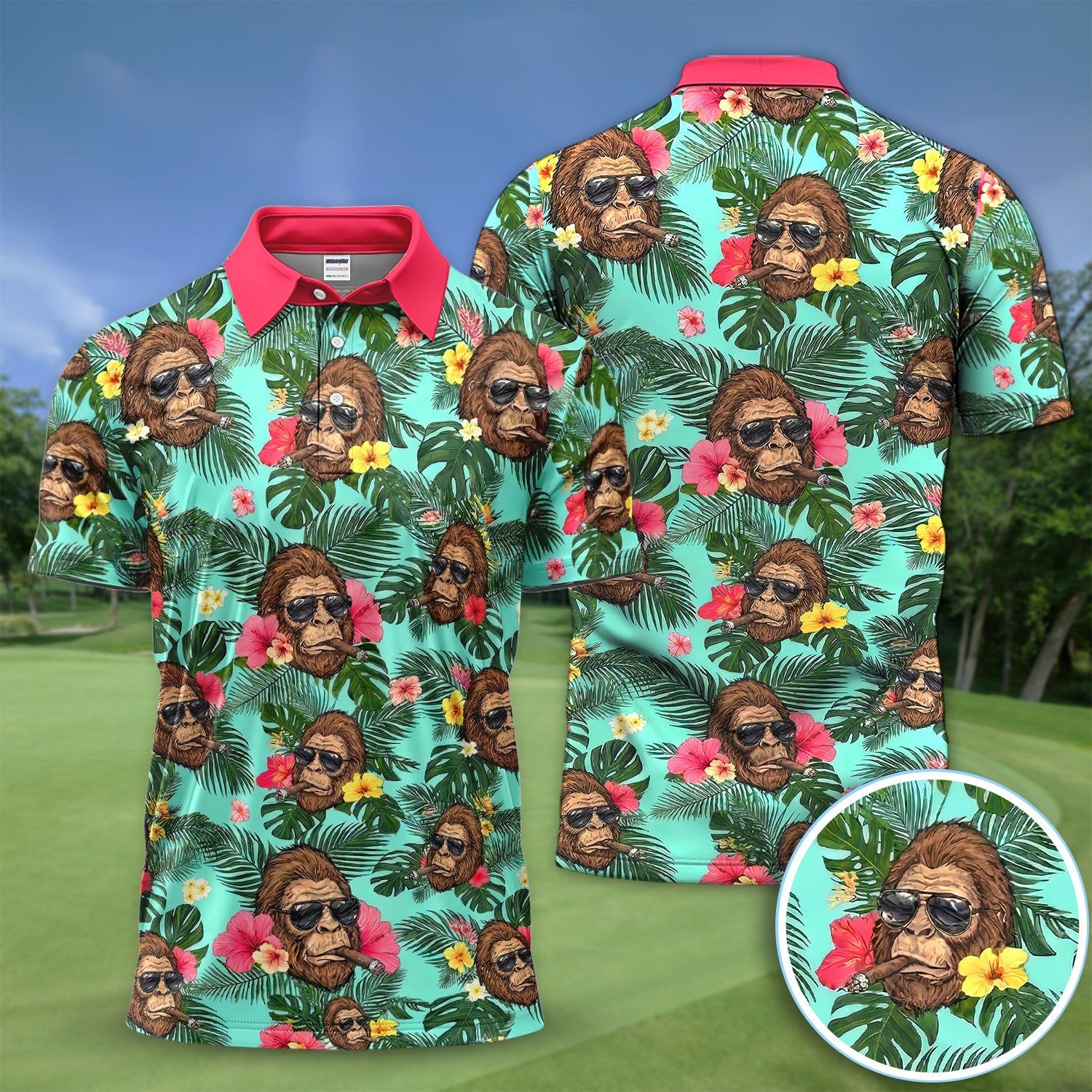 Funny Bigfoot Hawaiian Golf Polo Shirt, Smoking Sasquatch Tropical Aloha Shirt for Men