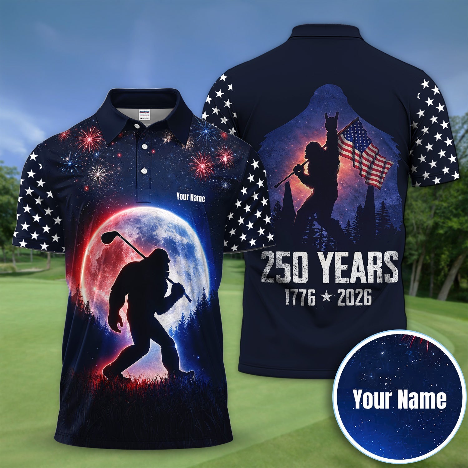 Bigfoot Golfer Patriotic Polo Shirt For Men, Custom Name USA Fireworks Moon Silhouette Sasquatch Golf Shirt