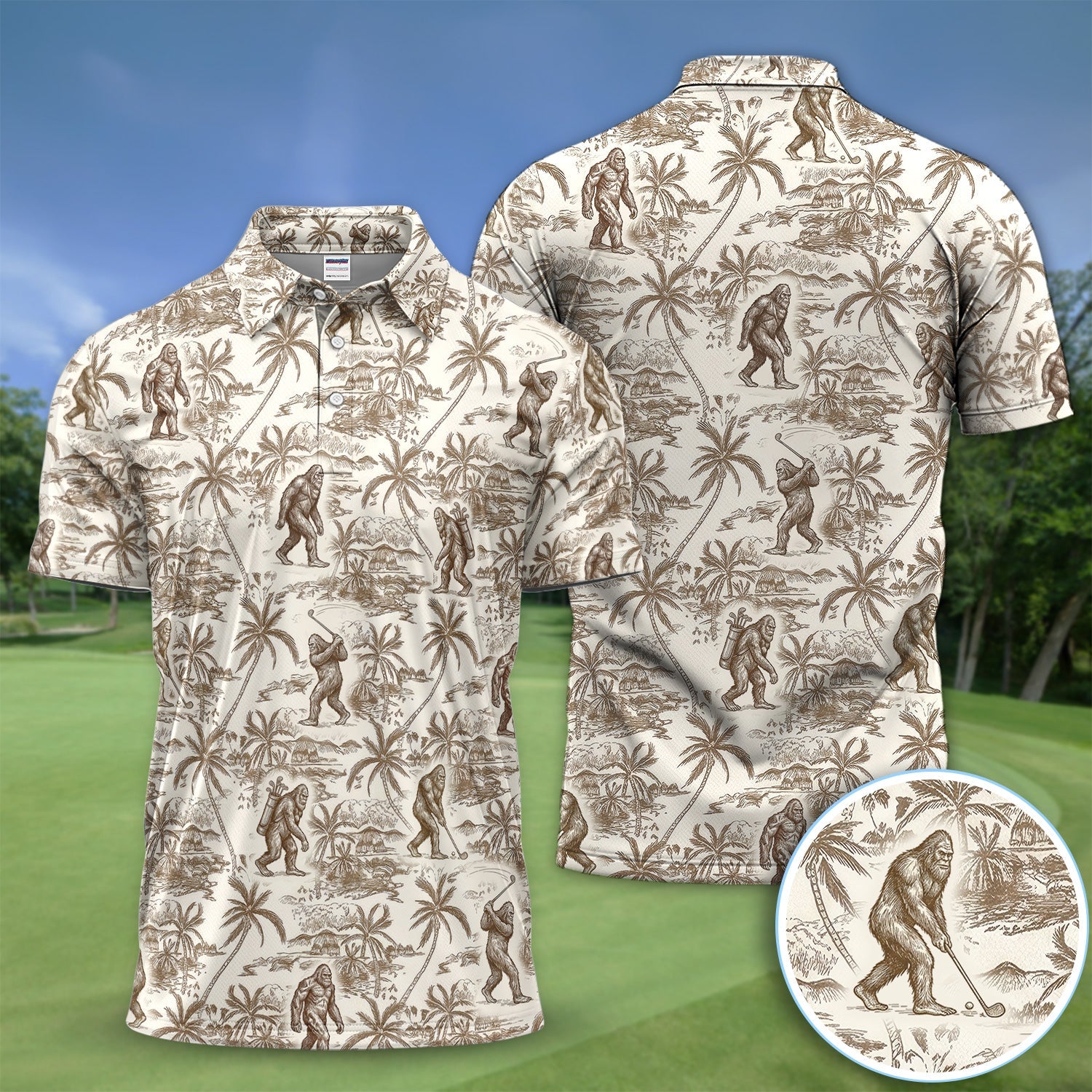 Vintage Bigfoot Tropical Pattern Golf Shirt, Sasquatch Island Golf Shirt For Men, Golfer Gift