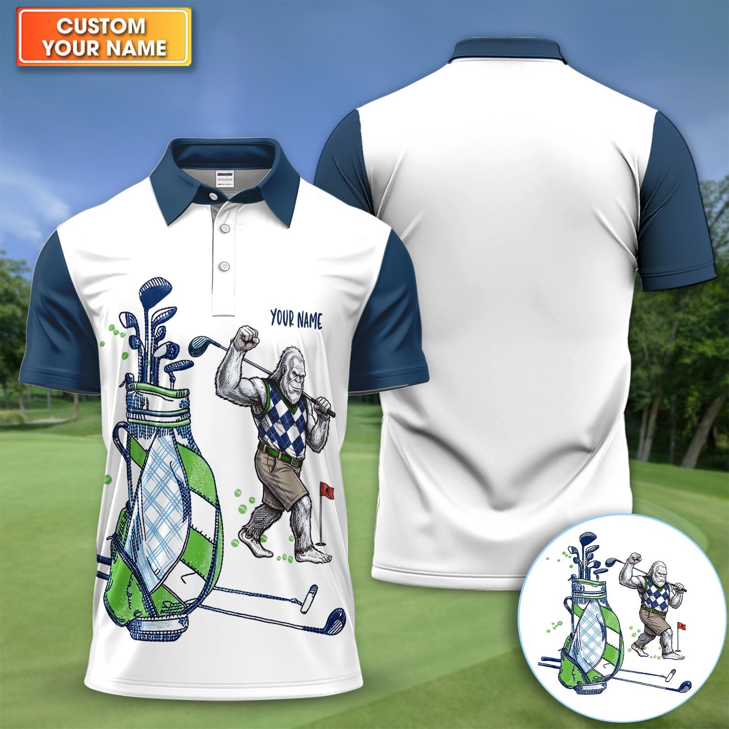 Custom Name Gorilla Golf Polo Shirt, Funny Bigfoot Golfer Shirt Pattern For Men, Unique Sasquatch Golf Outfit