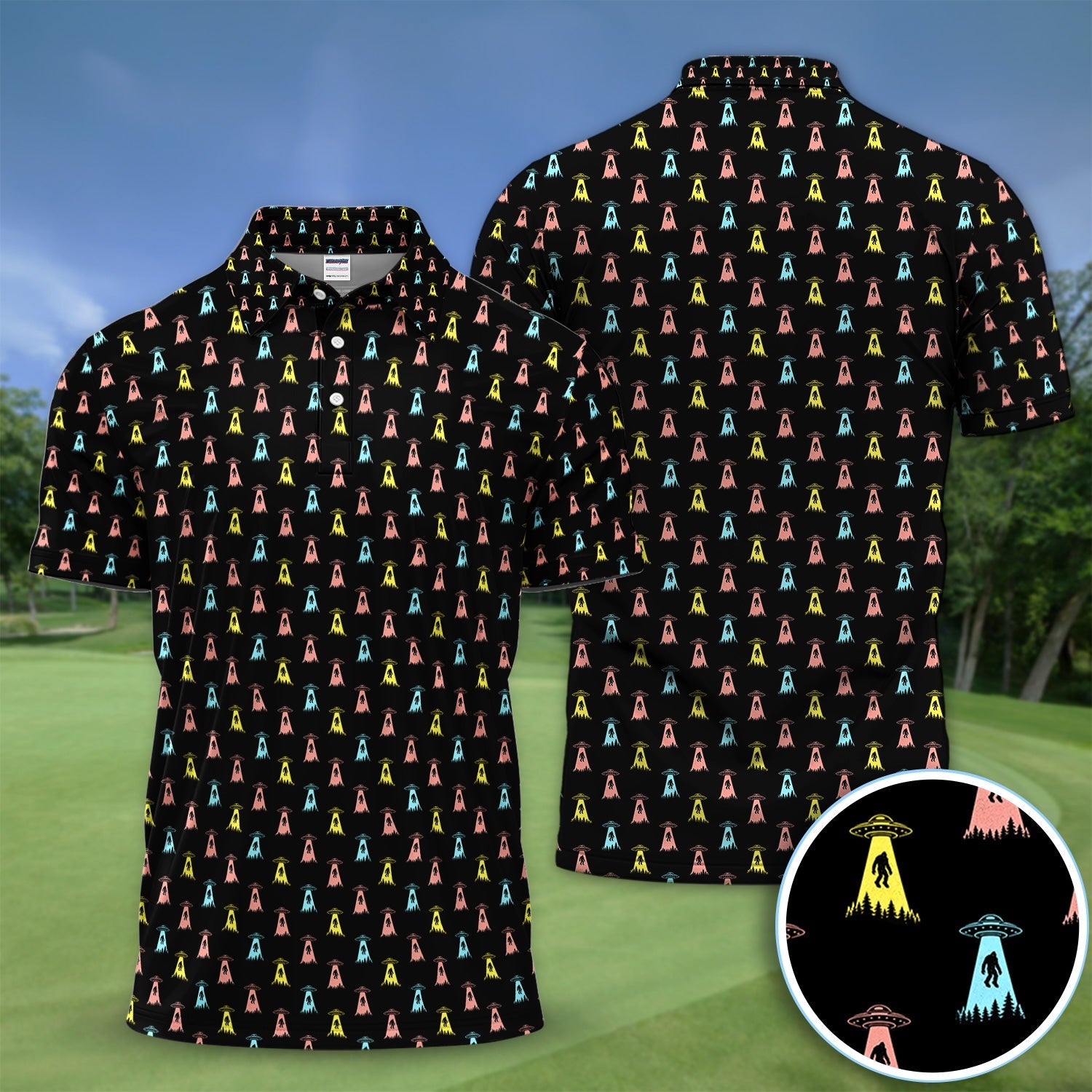 Funny UFO Bigfoot Abduction Pattern Shirt, Alien Sasquatch Golf Polo Shirt For Men, Sci Fi Golf Gift