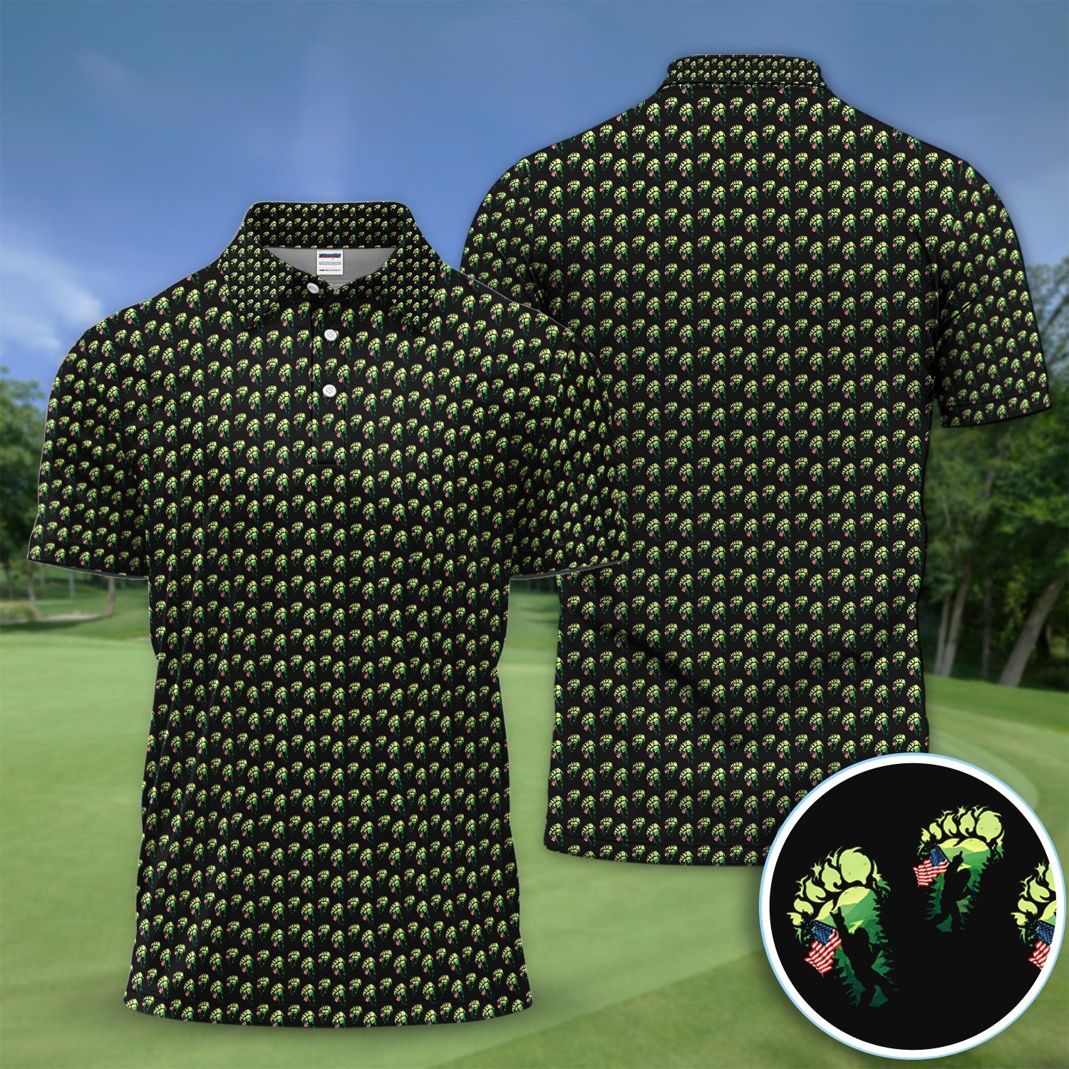Bigfoot Patriotic Polo Shirt, American Flag Sasquatch Golf Shirt, Funny Bigfoot Footprint Pattern Polo For Men, Unique Gift For Golfer