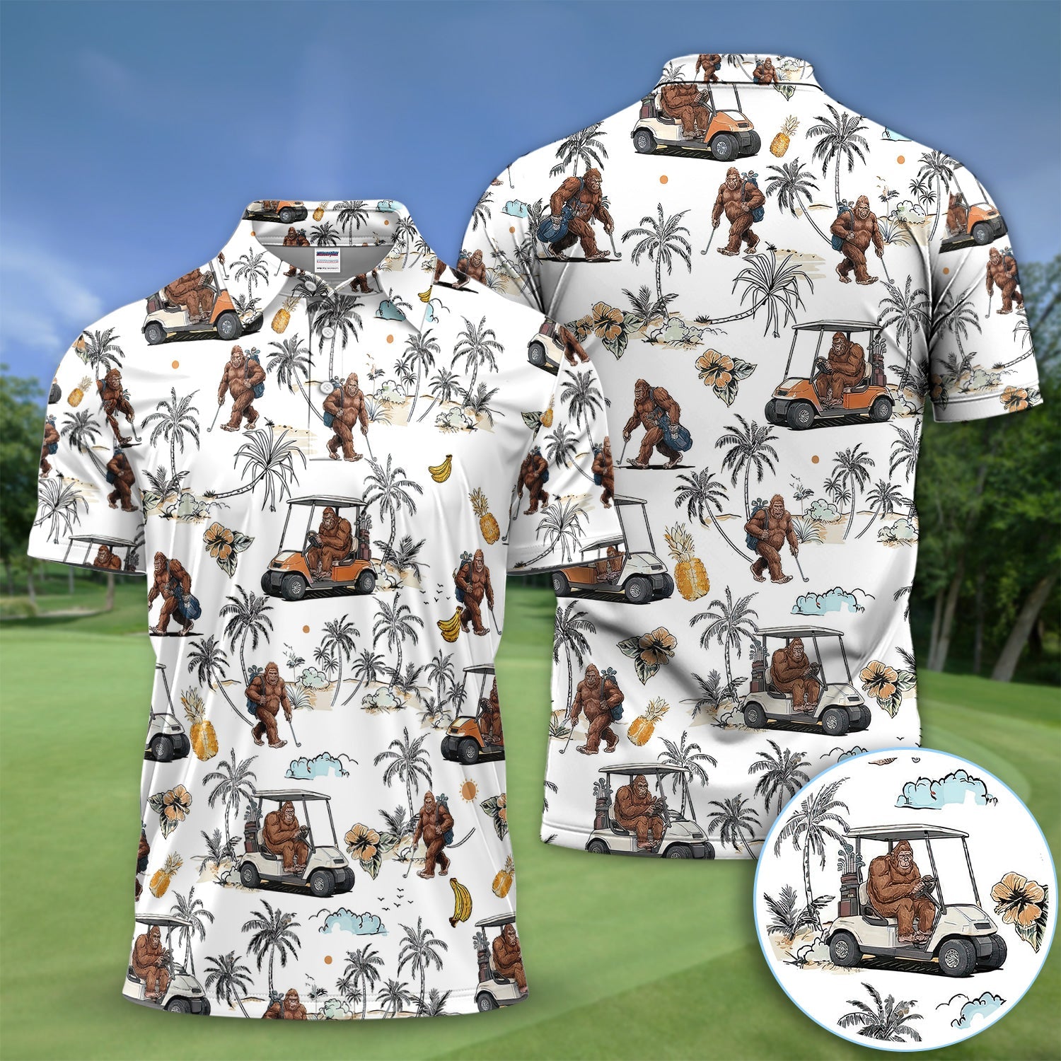 Funny Bigfoot Golf Cart Tropical Pattern Golf Shirt, Sasquatch Golfer Palm Golf Shirt For Men, Golfer Gift