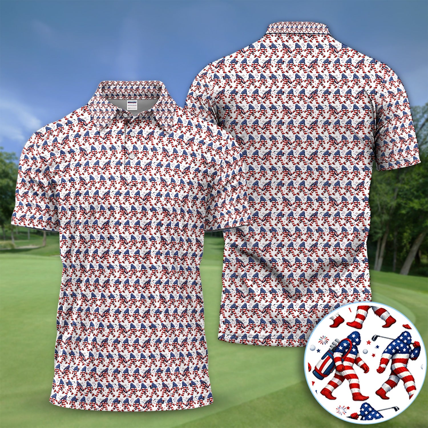 Patriotic Bigfoot Golf Pattern Shirt, American Flag Sasquatch Golf Shirt For Men, 4th Of July Gift
