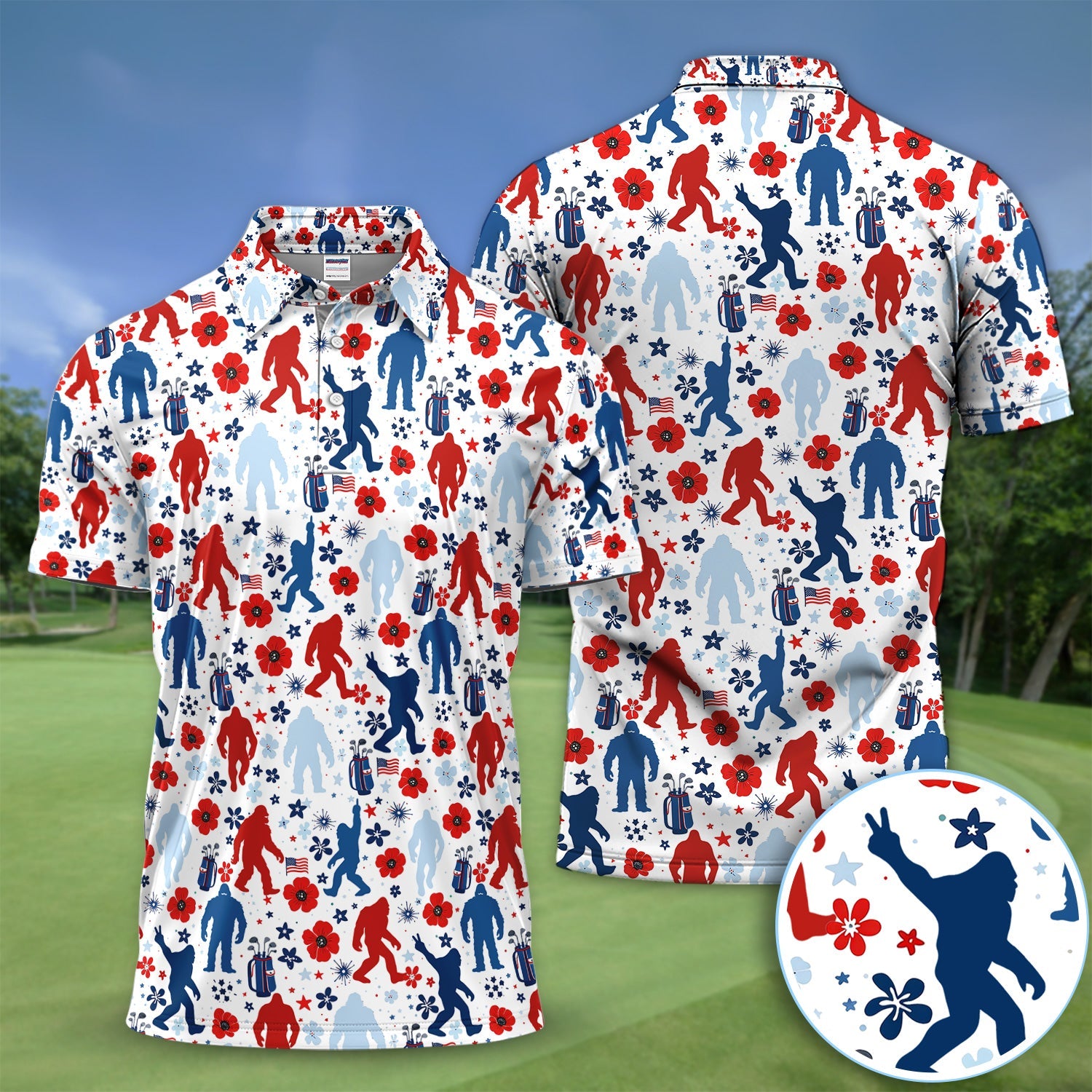 Patriotic Bigfoot Golf Polo Shirt For Men, USA Flag Red Blue White Sasquatch Pattern Golf Shirt