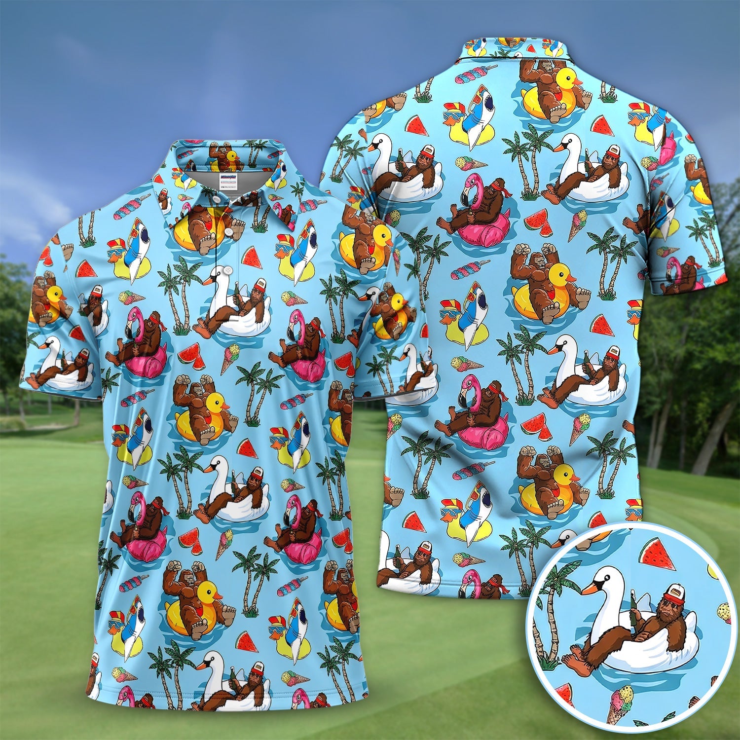 Bigfoot Pool Party Tropical Pattern Golf Shirt, Sasquatch Float Summer Golf Shirt For Men, Golfer Gift