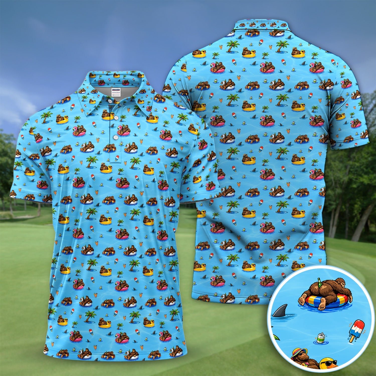 Funny Summer Bigfoot Pool Float Pattern Shirt, Sasquatch Beach Party Golf Polo Shirt For Men, Vacation Golf Gift