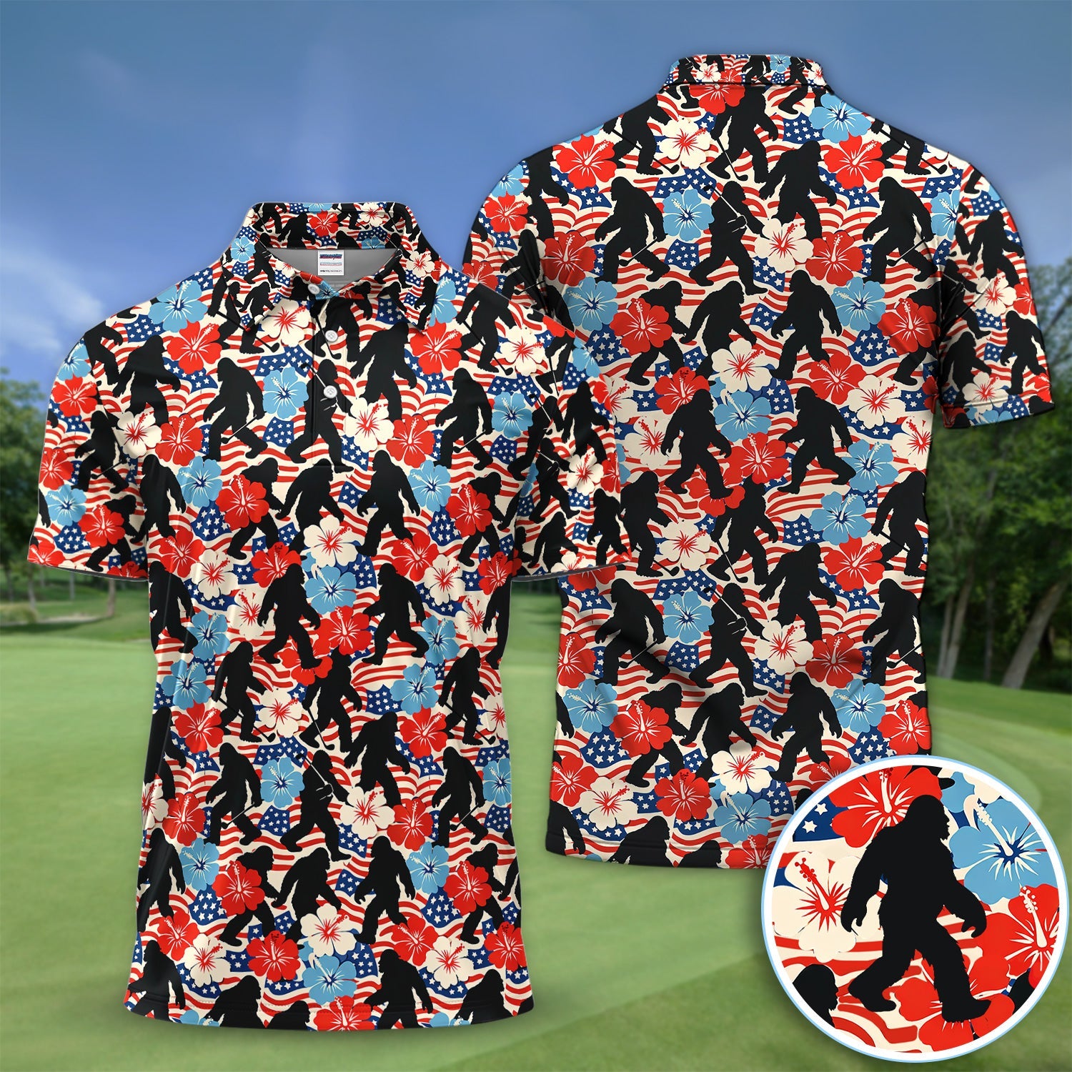 Patriotic Bigfoot USA Flag Floral Golf Pattern Shirt, Sasquatch Golf Shirt For Men, 4th Of July Golfer Gift