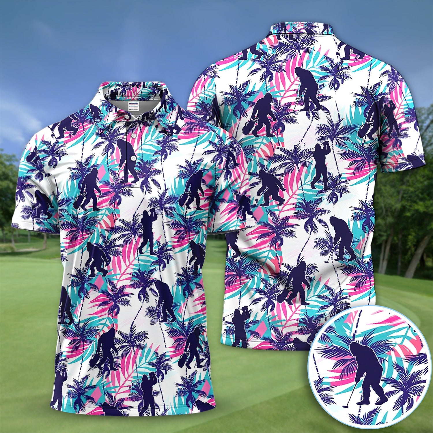 Funny Bigfoot Golfer Tropical Pattern Golf Shirt, Sasquatch Palm Golf Shirt For Men, Golfer Gift
