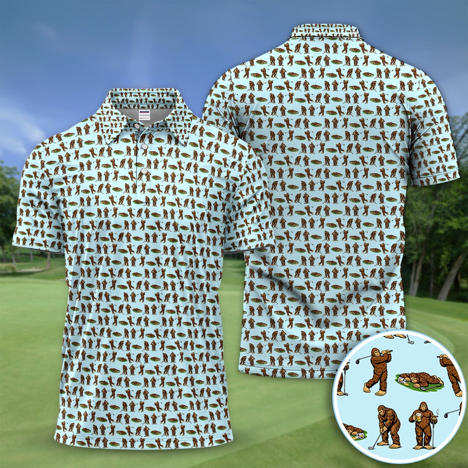 Funny Bigfoot Golf Polo Shirt, Sasquatch Golfer Pattern Shirt For Men, Unique Golfer Outfit