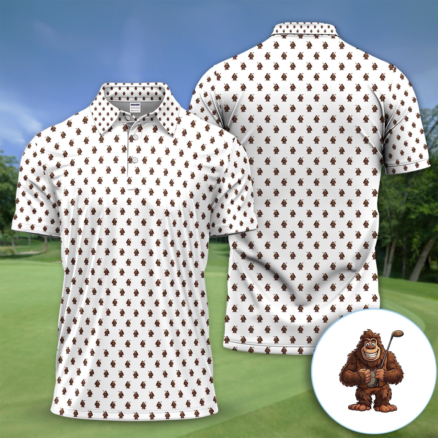 Funny Bigfoot Cartoon Pattern Golf Shirt, Cute Sasquatch Golfer Polo Shirt For Men, Golfer Gift