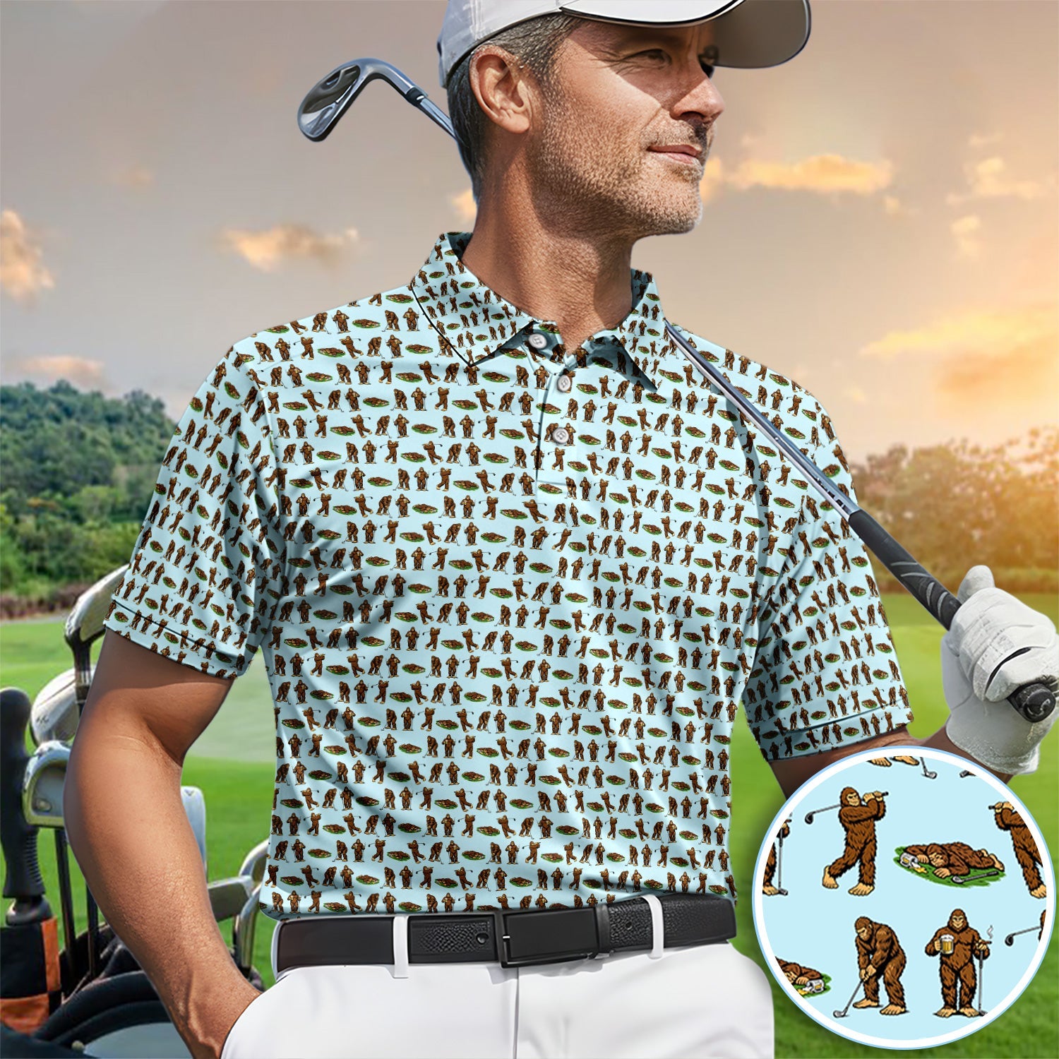 Funny Bigfoot Golf Polo Shirt, Sasquatch Golfer Pattern Shirt For Men, Unique Golfer Outfit