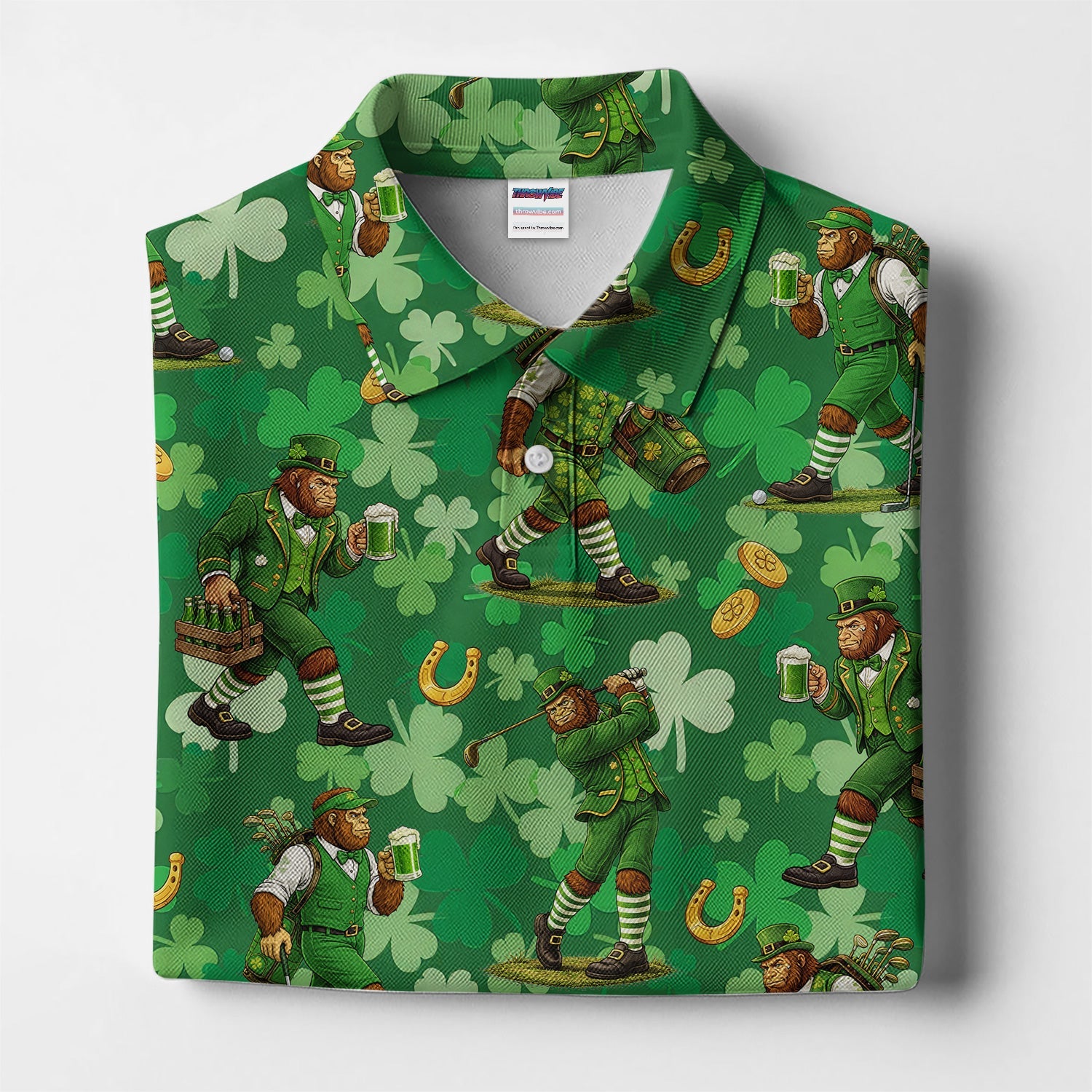 St. Patrick’s Day Bigfoot Leprechaun Golf Polos, Funny Irish Green Golf Shirt For Golfer, Golf Gift For Men