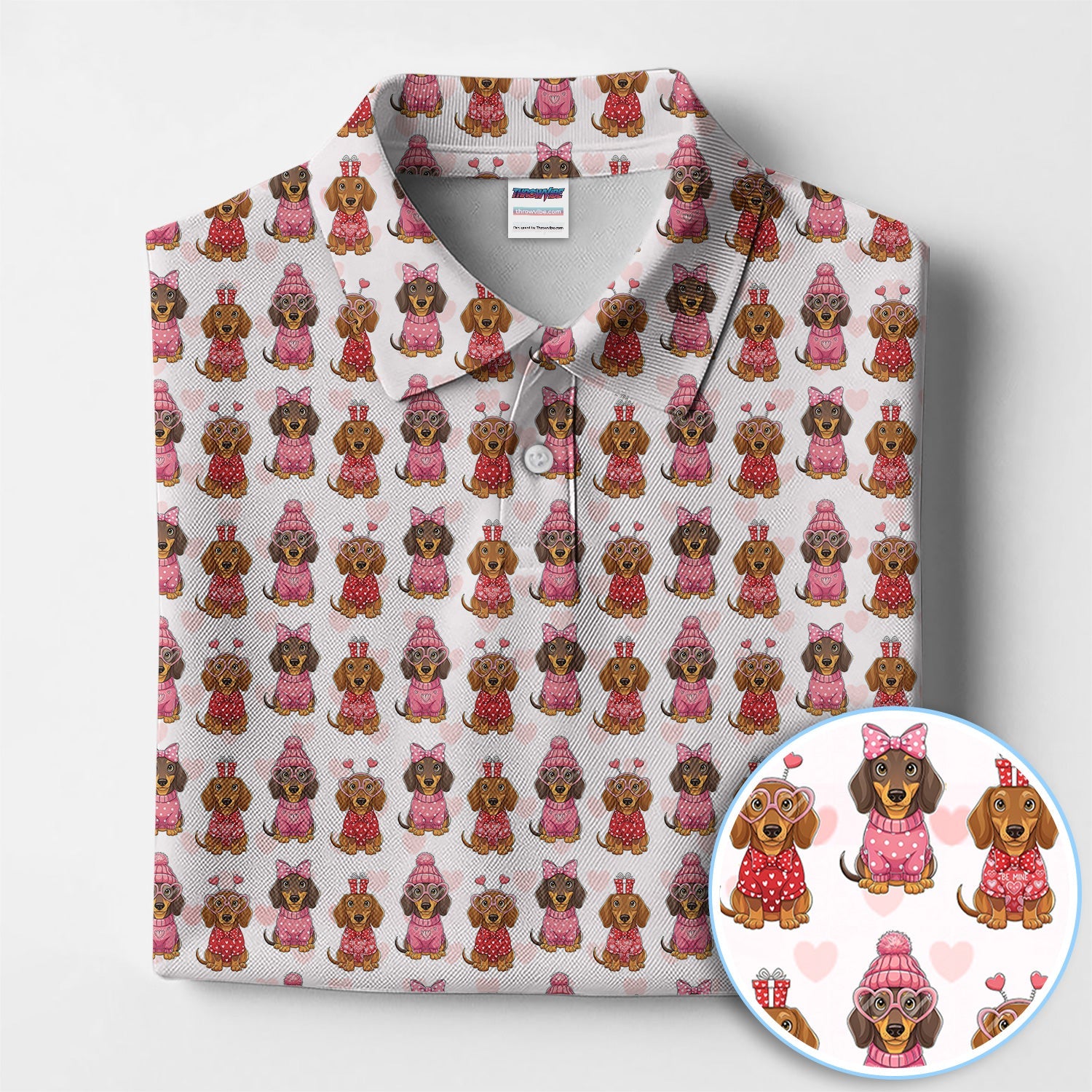 Valentine Dachshund Pattern Golf Polos, Wiener Dog Golf Shirt For Men, Crazy Golf Gift For Golfer