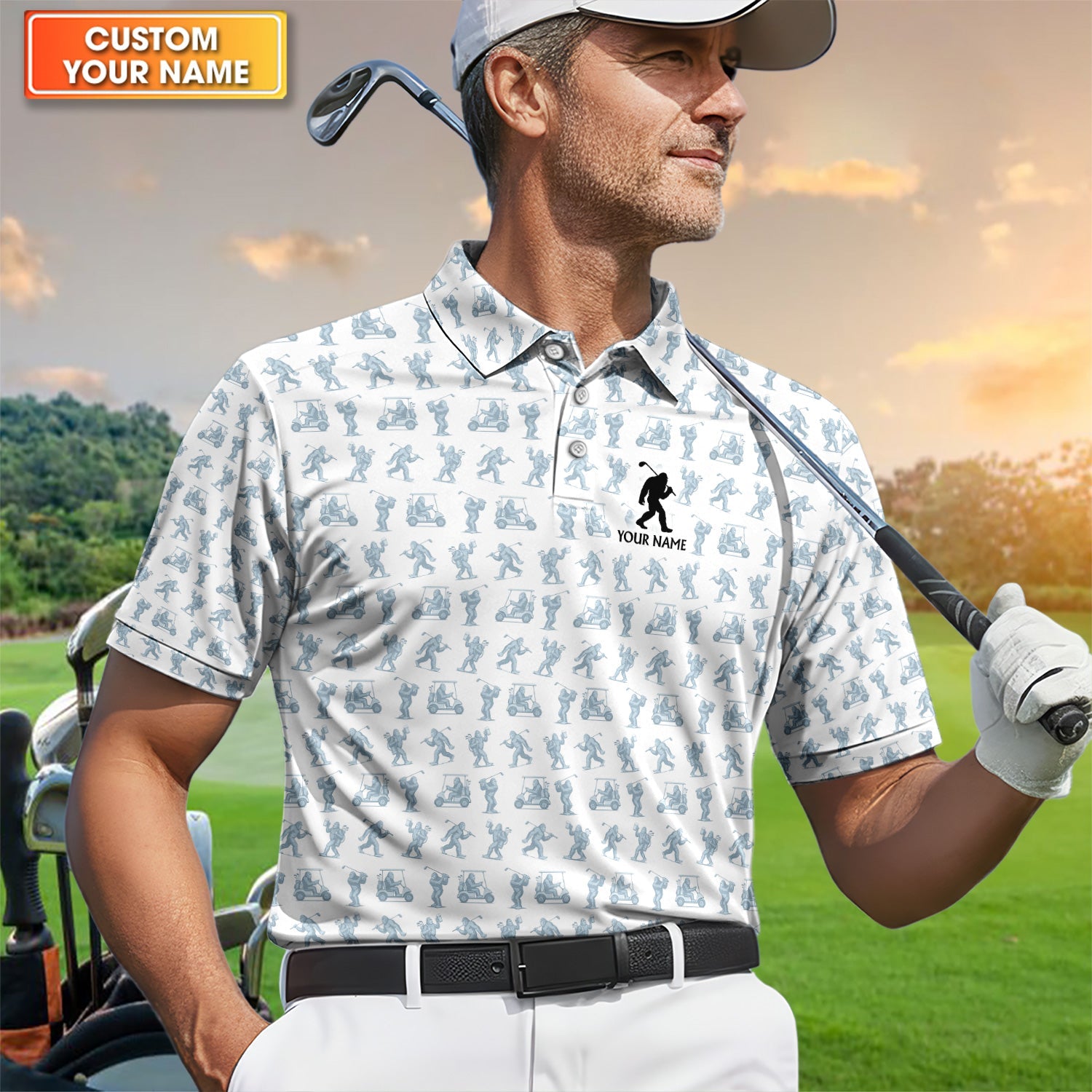 Personalized Bigfoot Golf Cart Pattern Polo Shirt, Funny Golf Shirt For Men, Golf Gift For Golfer