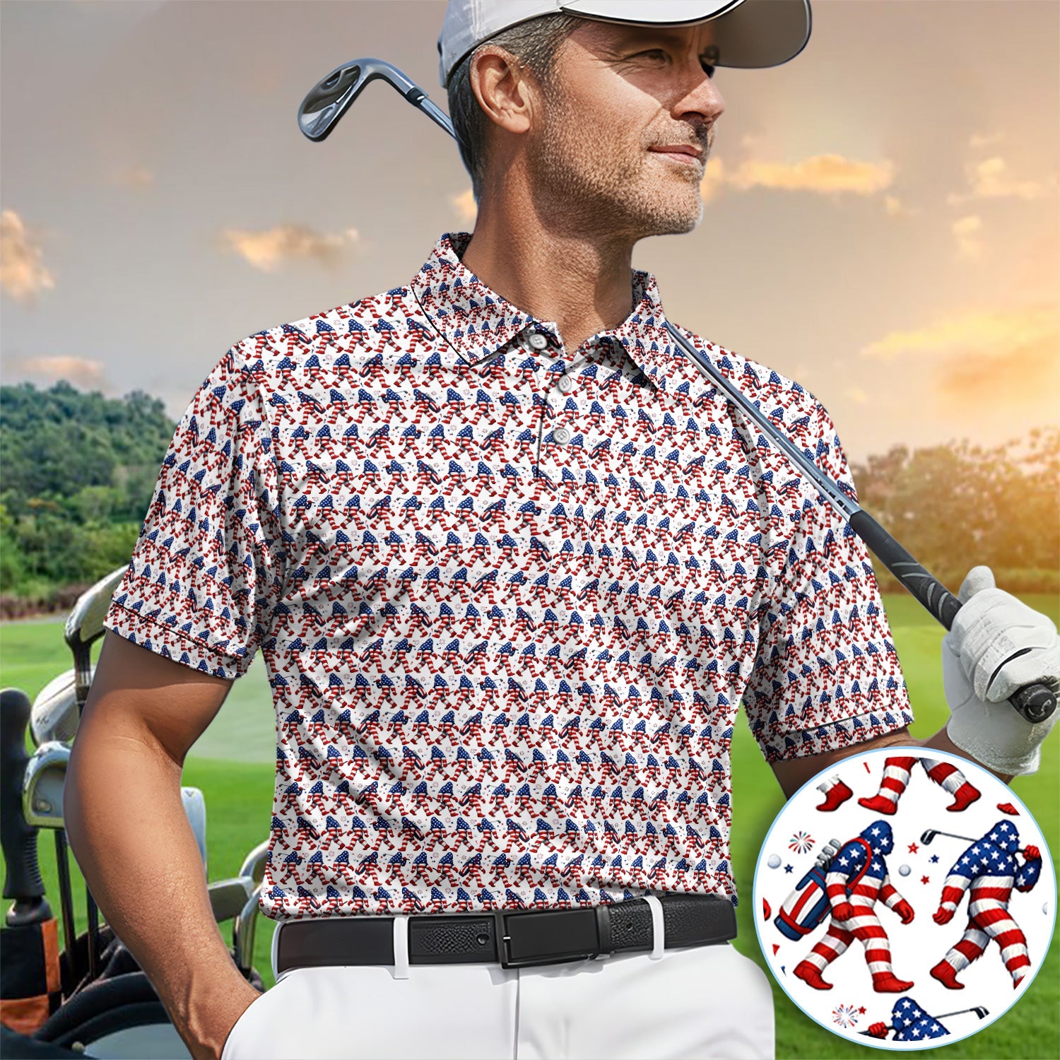 Patriotic Bigfoot Golf Pattern Shirt, American Flag Sasquatch Golf Shirt For Men, 4th Of July Gift