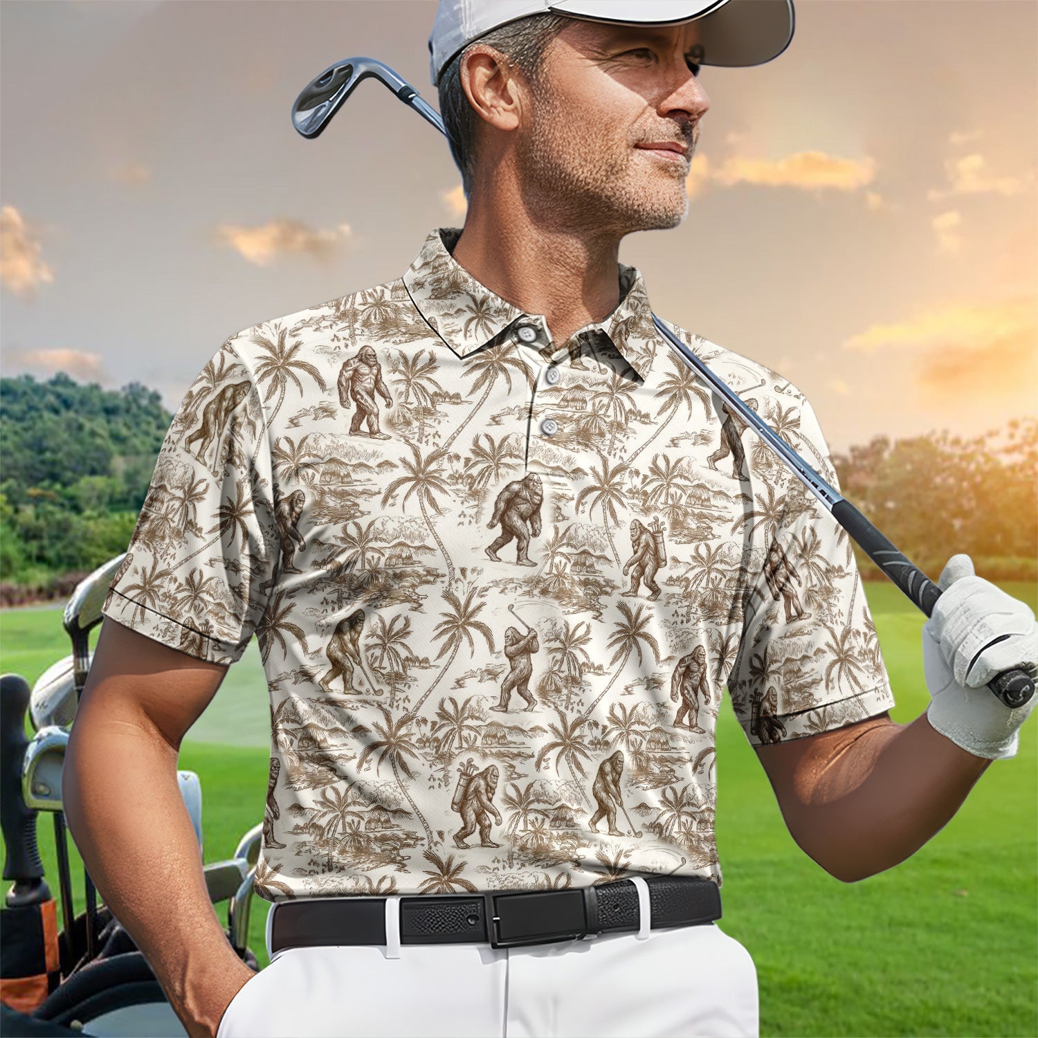 Vintage Bigfoot Tropical Pattern Golf Shirt, Sasquatch Island Golf Shirt For Men, Golfer Gift