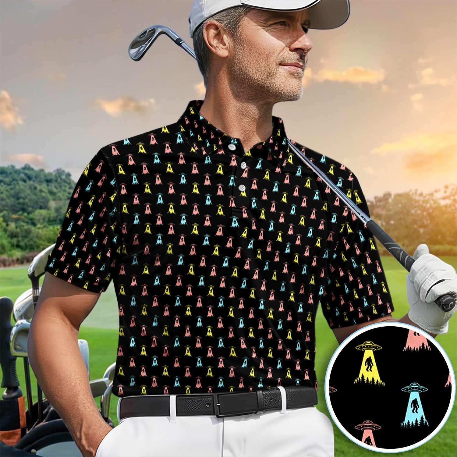 Funny UFO Bigfoot Abduction Pattern Shirt, Alien Sasquatch Golf Polo Shirt For Men, Sci Fi Golf Gift