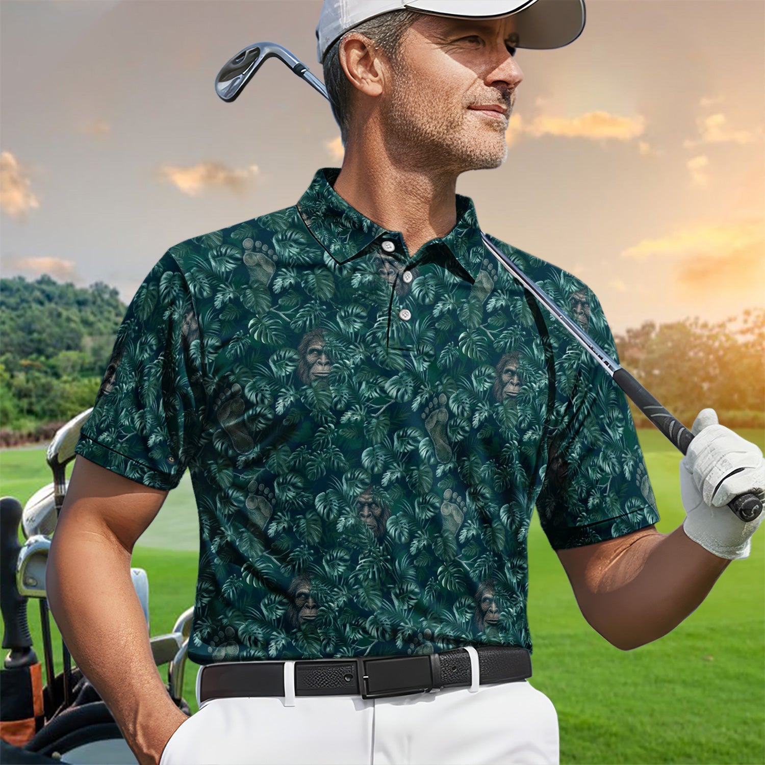 Funny Hidden Gorilla Jungle Golf Pattern Shirt, Bigfoot Footprint Golf Shirt For Men, Golfer Gift