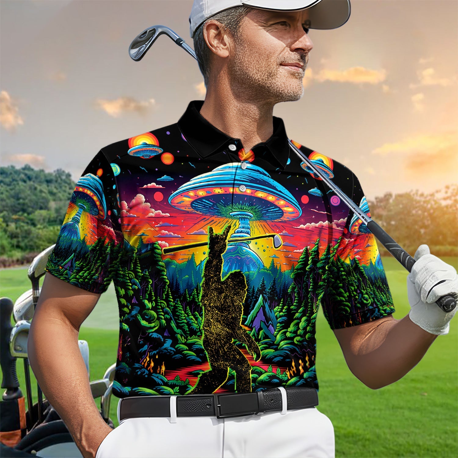 Psychedelic Bigfoot UFO Golf Pattern Shirt, Alien Bigfoot Golf Shirt For Men, Funny Golfer Gift