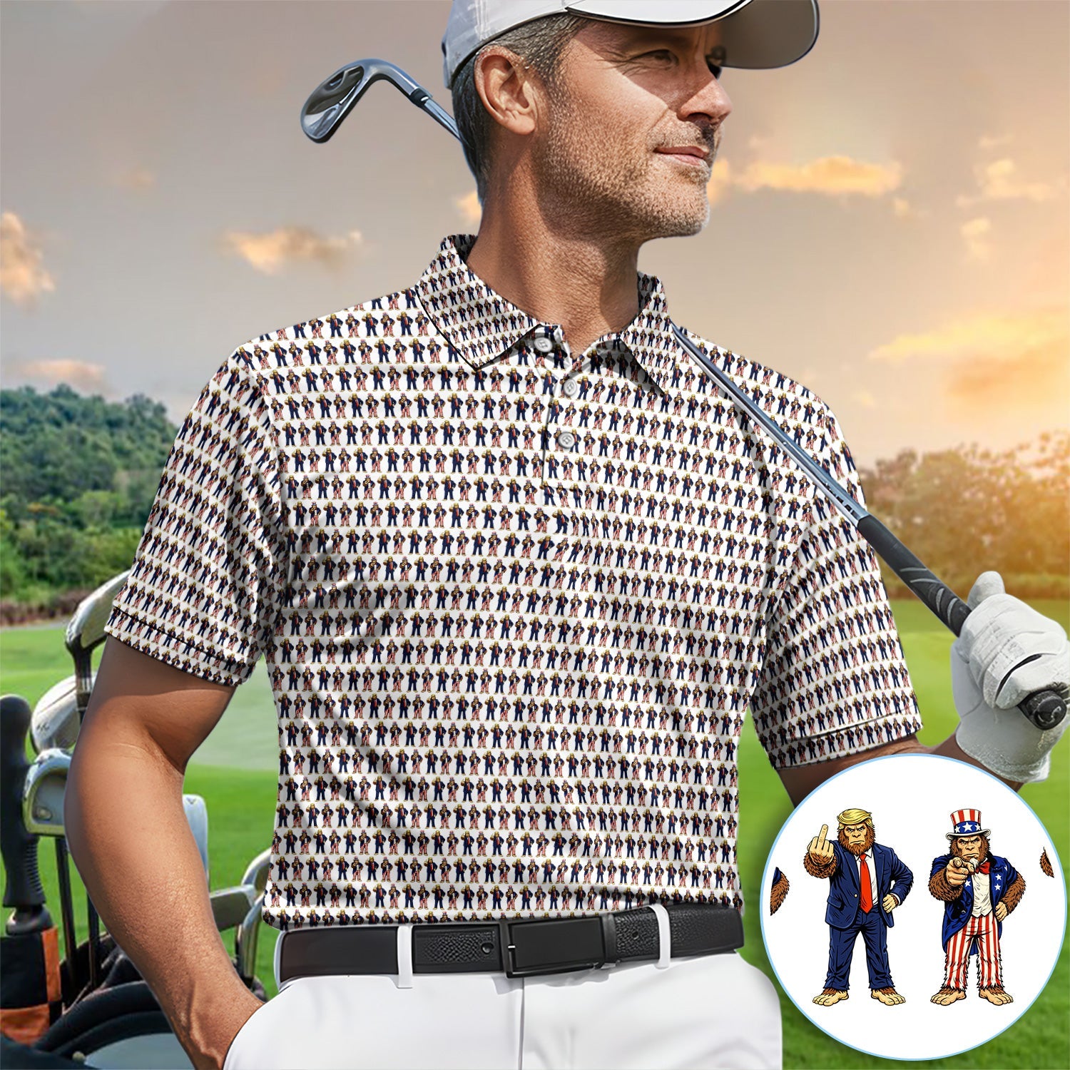 Funny Patriotic Bigfoot Polo Shirt, Trump & Uncle Sam Sasquatch Pattern Shirt, 4th of July Golf Gift For Men