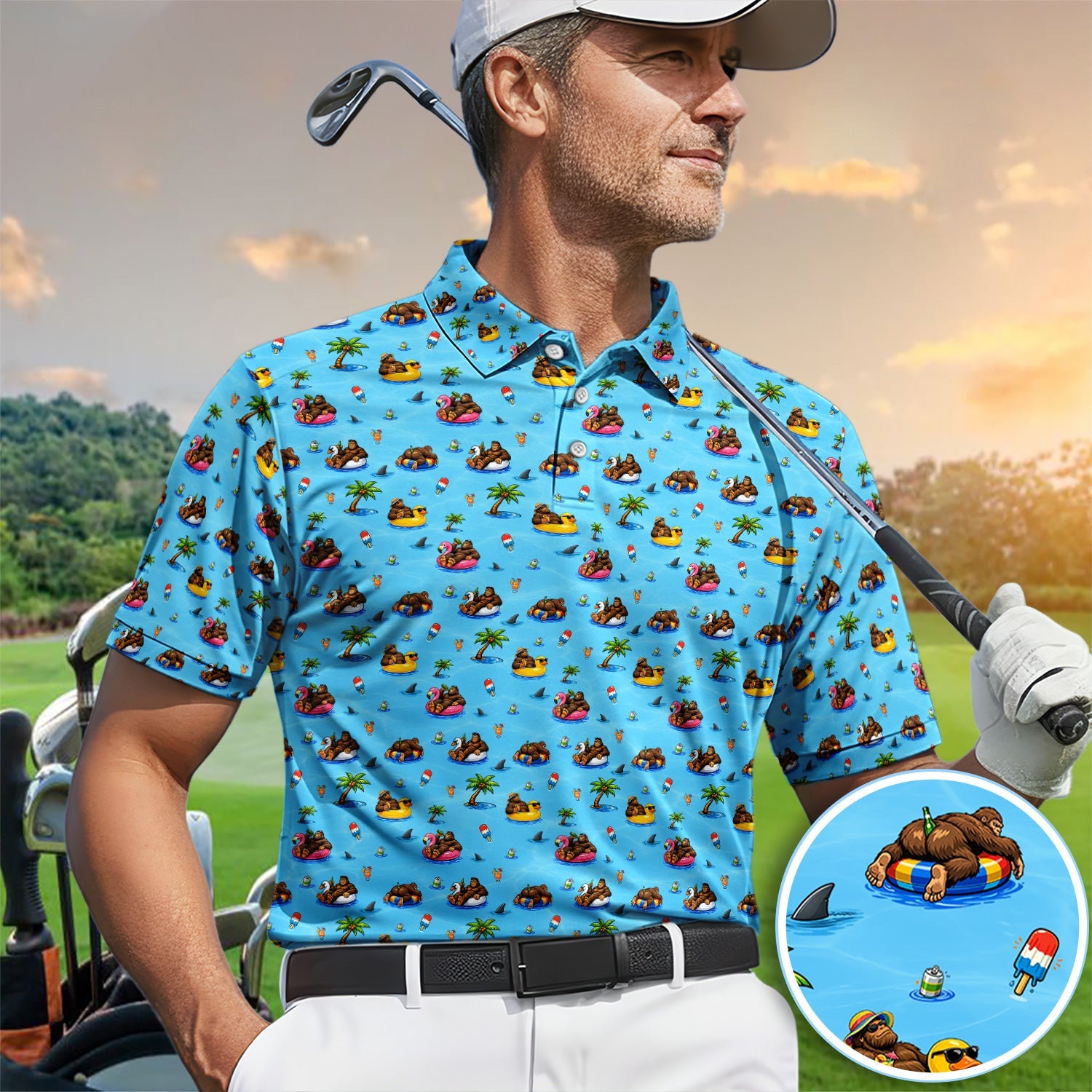 Funny Summer Bigfoot Pool Float Pattern Shirt, Sasquatch Beach Party Golf Polo Shirt For Men, Vacation Golf Gift