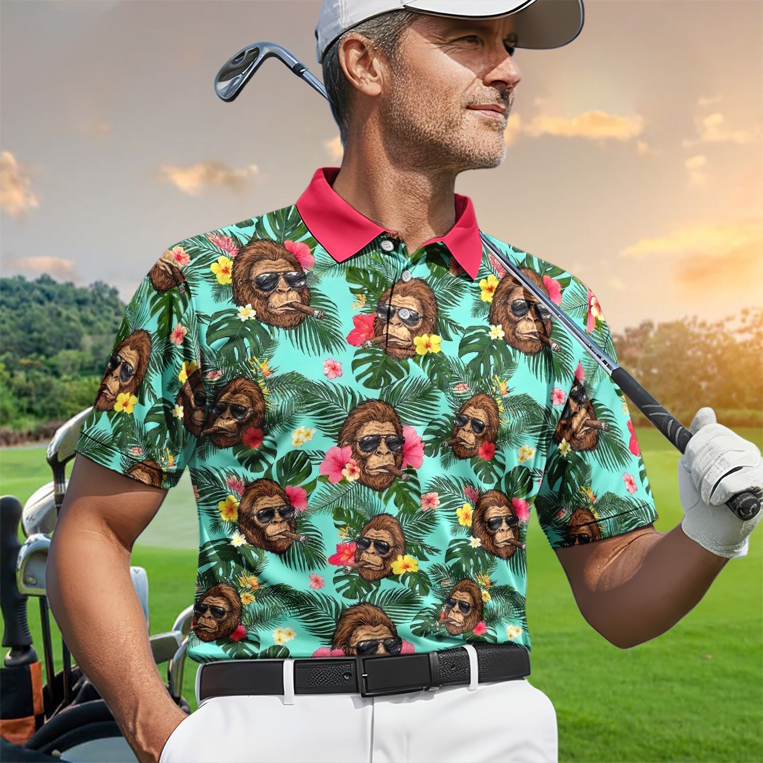 Funny Bigfoot Hawaiian Golf Polo Shirt, Smoking Sasquatch Tropical Aloha Shirt for Men