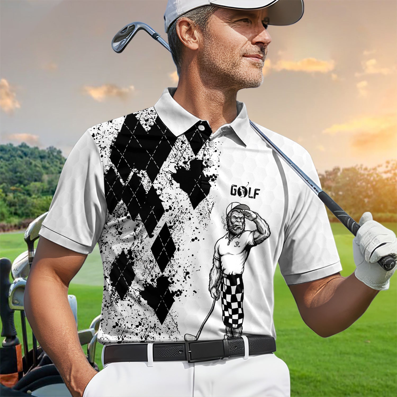 Funny Bigfoot Golfer Polo Shirt, Swing Swear Repeat Graphic Polo For Men, Unique Sasquatch Golf Outfit