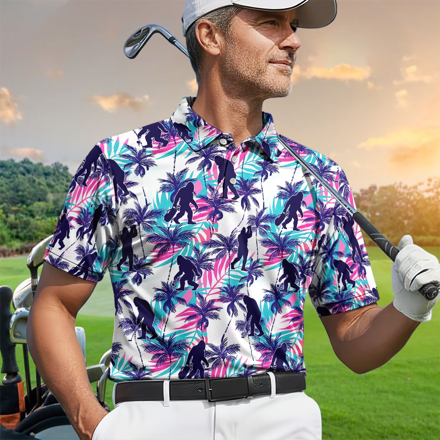 Funny Bigfoot Golfer Tropical Pattern Golf Shirt, Sasquatch Palm Golf Shirt For Men, Golfer Gift