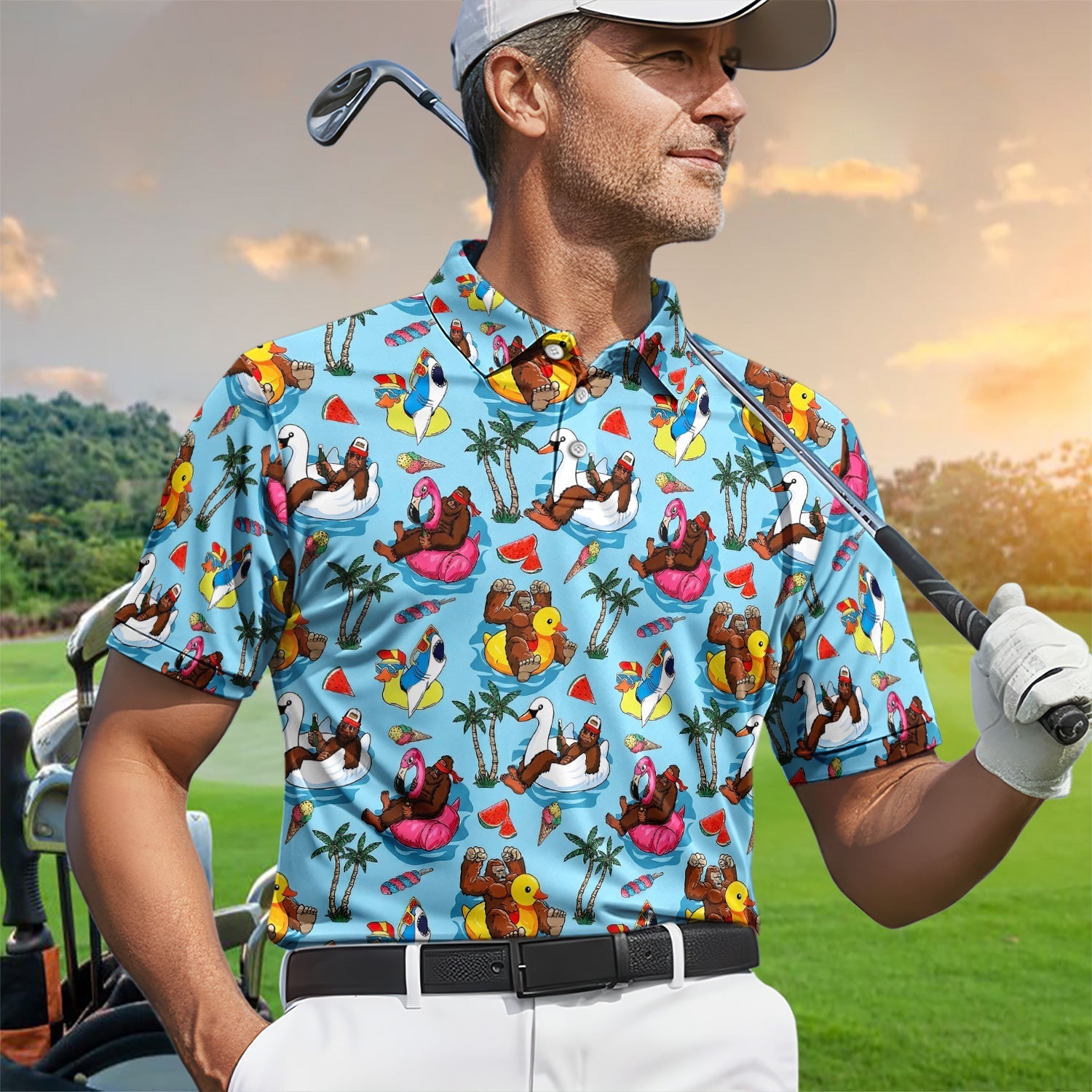 Bigfoot Pool Party Tropical Pattern Golf Shirt, Sasquatch Float Summer Golf Shirt For Men, Golfer Gift