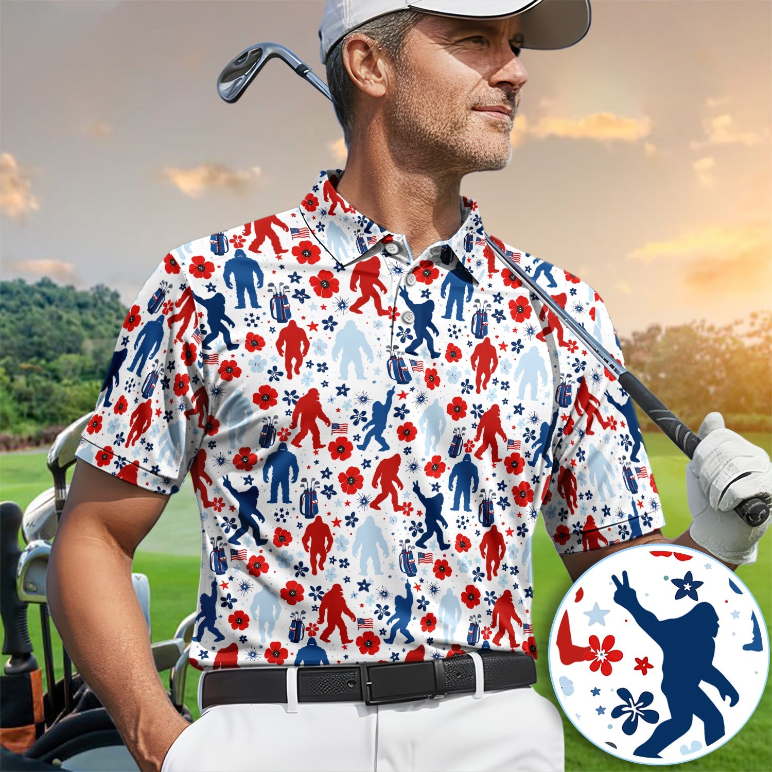 Patriotic Bigfoot Golf Polo Shirt For Men, USA Flag Red Blue White Sasquatch Pattern Golf Shirt