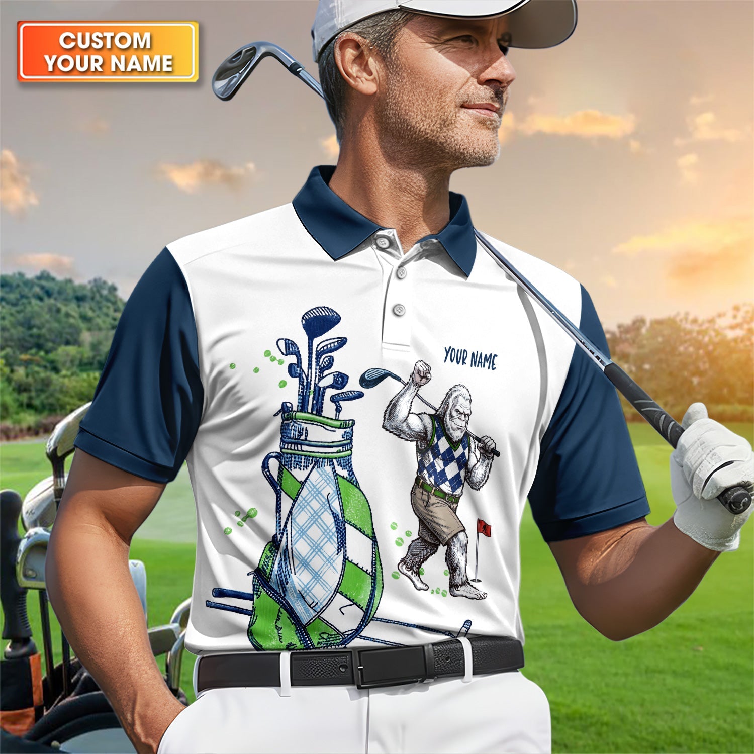 Custom Name Gorilla Golf Polo Shirt, Funny Bigfoot Golfer Shirt Pattern For Men, Unique Sasquatch Golf Outfit